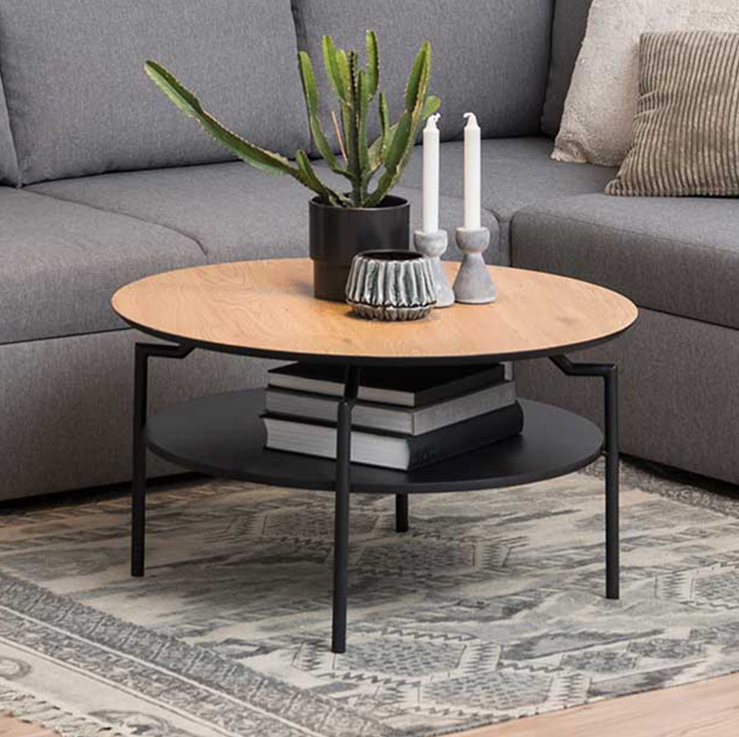 Table basse Marvin Ø80 - chêne sauvage/noir