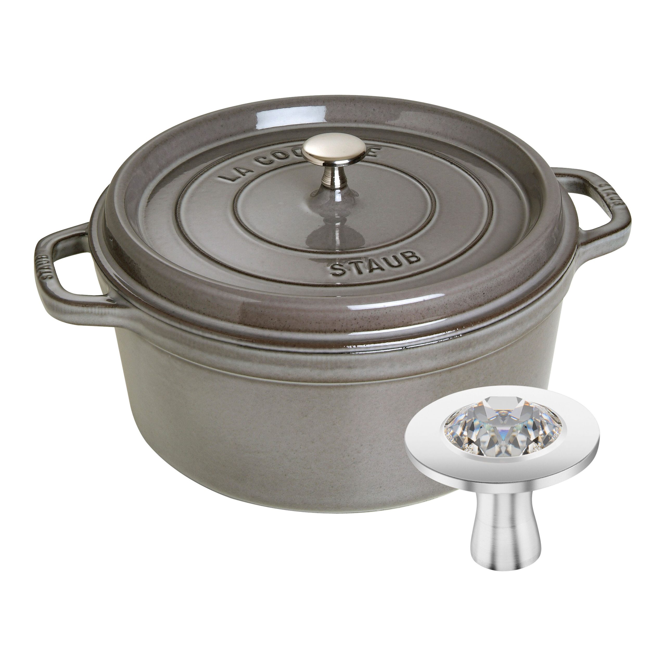 Cocotte et Swarovski bouton, 2-pcs. /28 cm, gris graphite / argent, Fonte / Acier Inoxydable