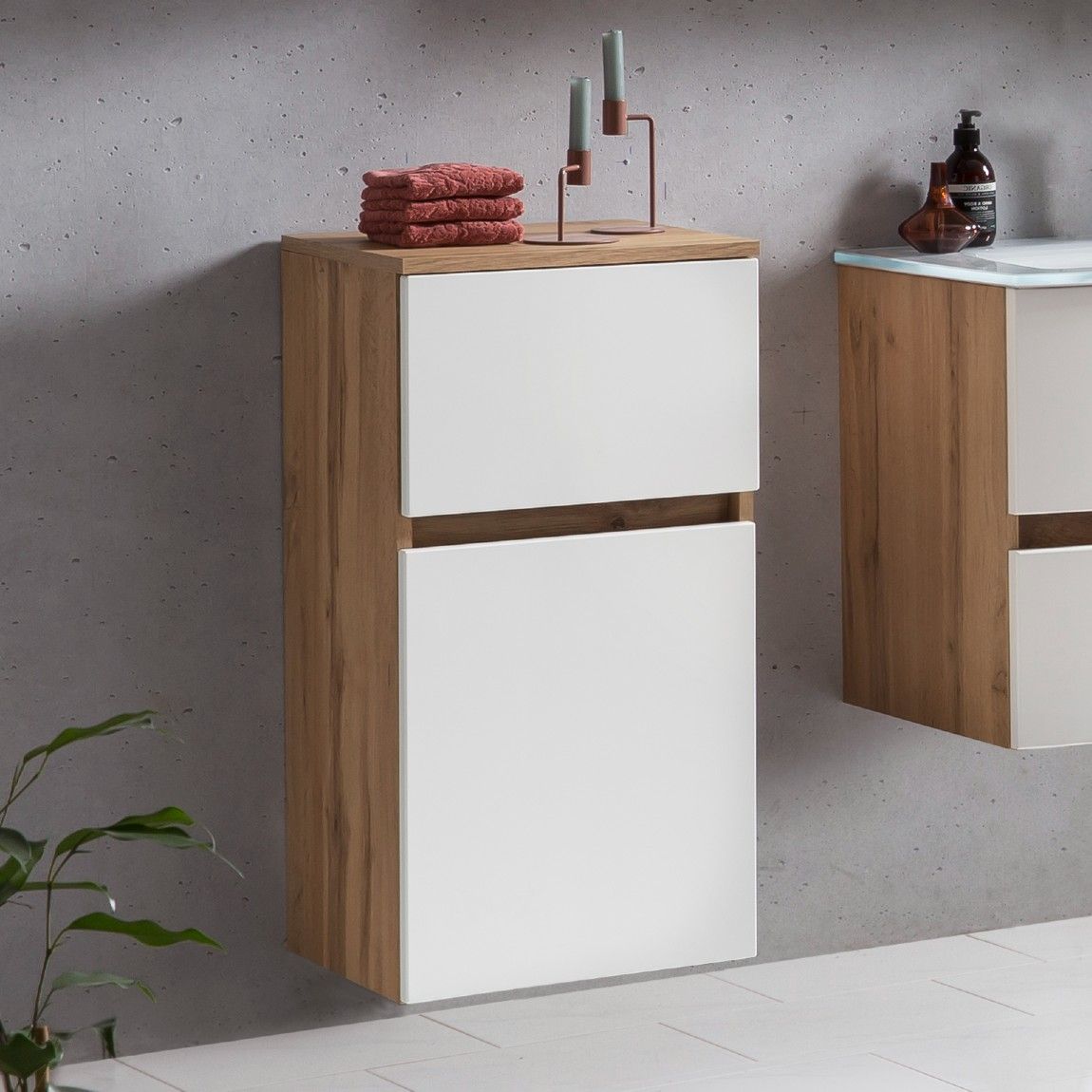 Armoire salle de bains Kornel/Luna 40cm 1 porte & 1 tiroir - chêne/blanc mat