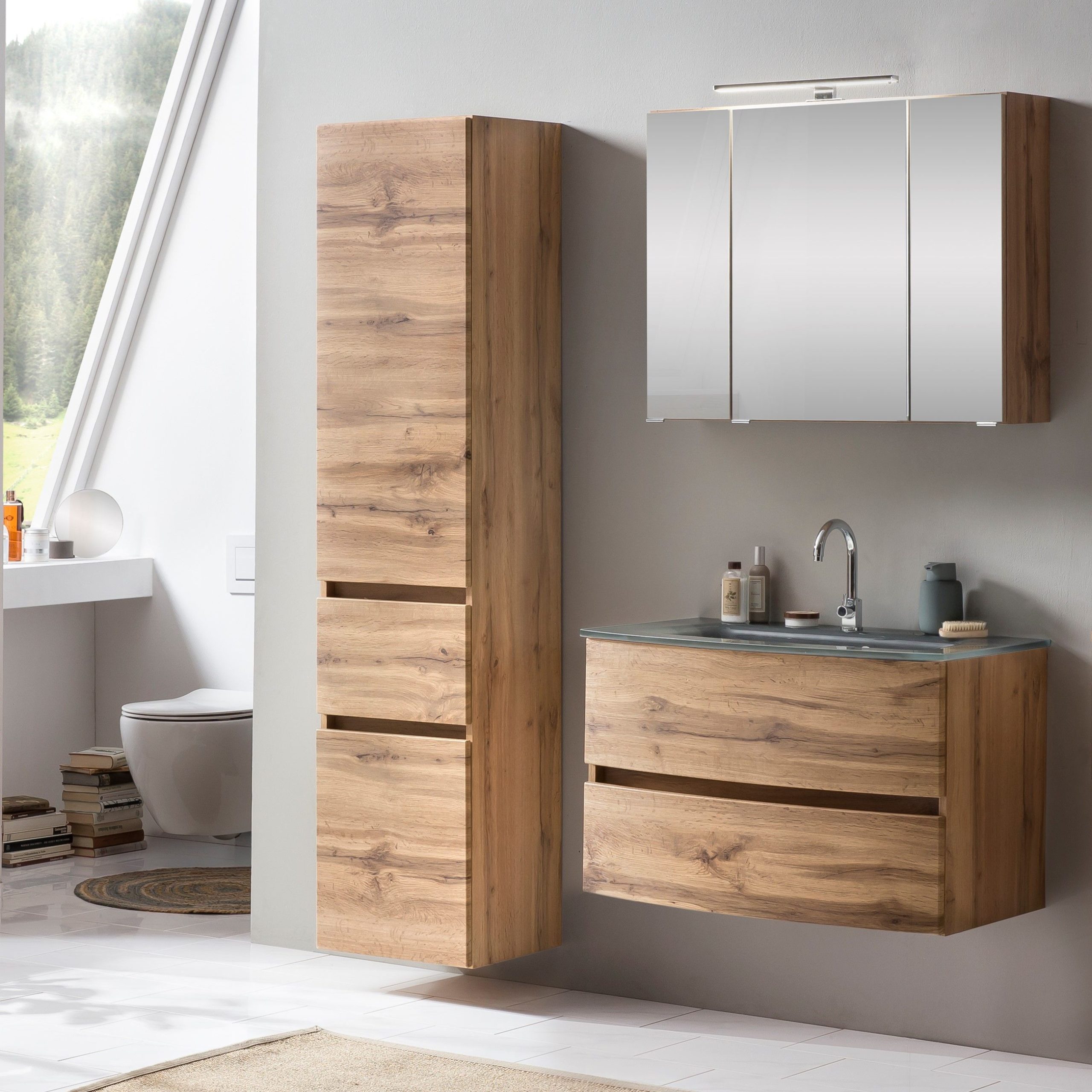 Ensemble salle de bains Kornel 5 à 3 pièces avec vasque grise - chêne