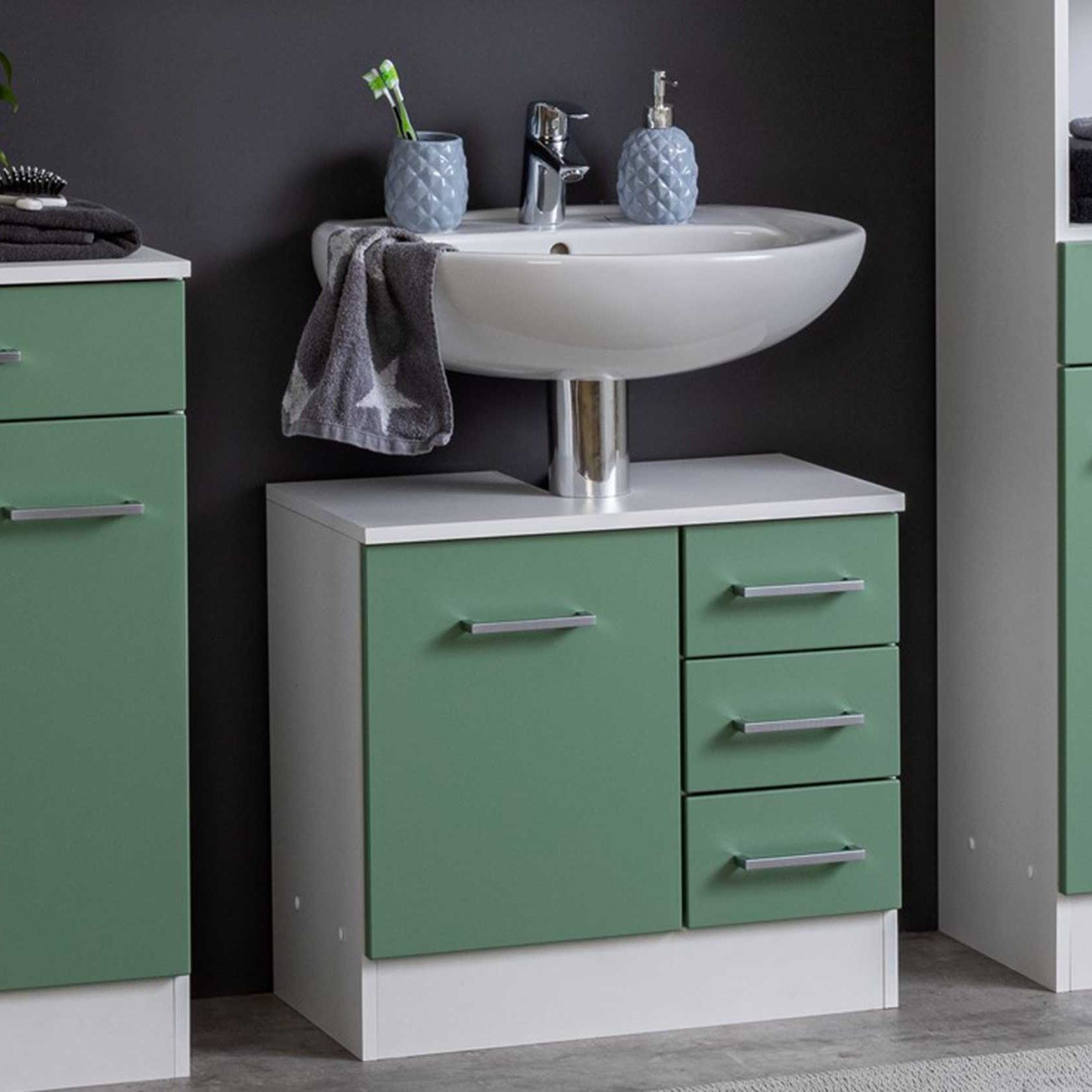 Meuble sous lavabo Ricca 60cm 1 porte & 3 tiroirs - blanc/vert