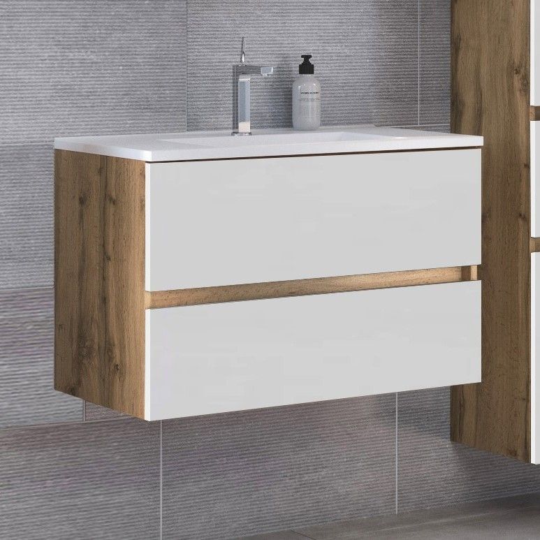 Meuble vasque Luna 100cm 2 tiroirs - chêne/blanc