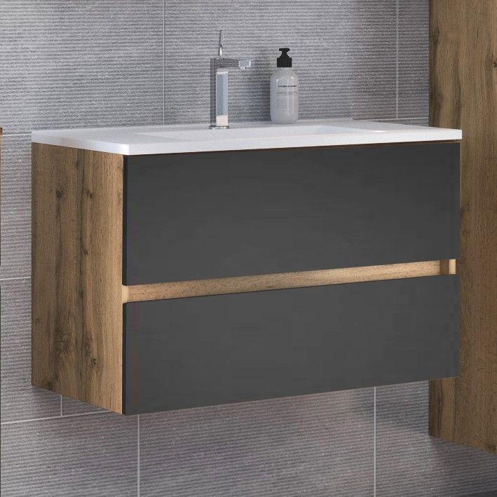 Meuble vasque Luna 100cm 2 tiroirs - chêne/gris