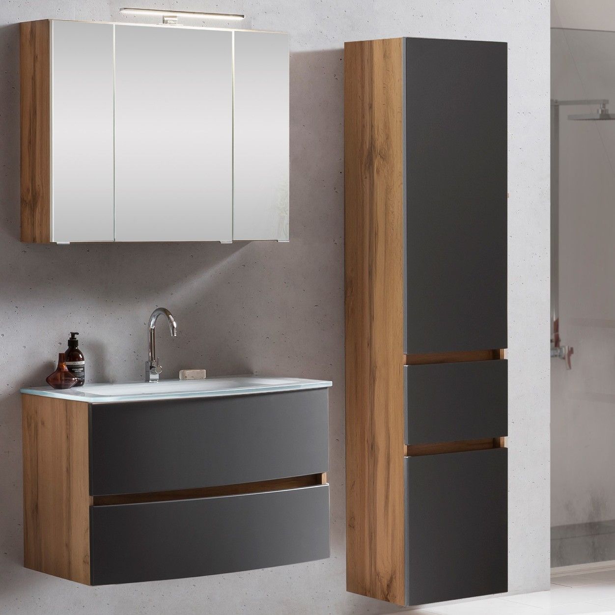 Ensemble salle de bains Kornel 5 à 3 pièces avec vasque blanche - chêne/gris mat