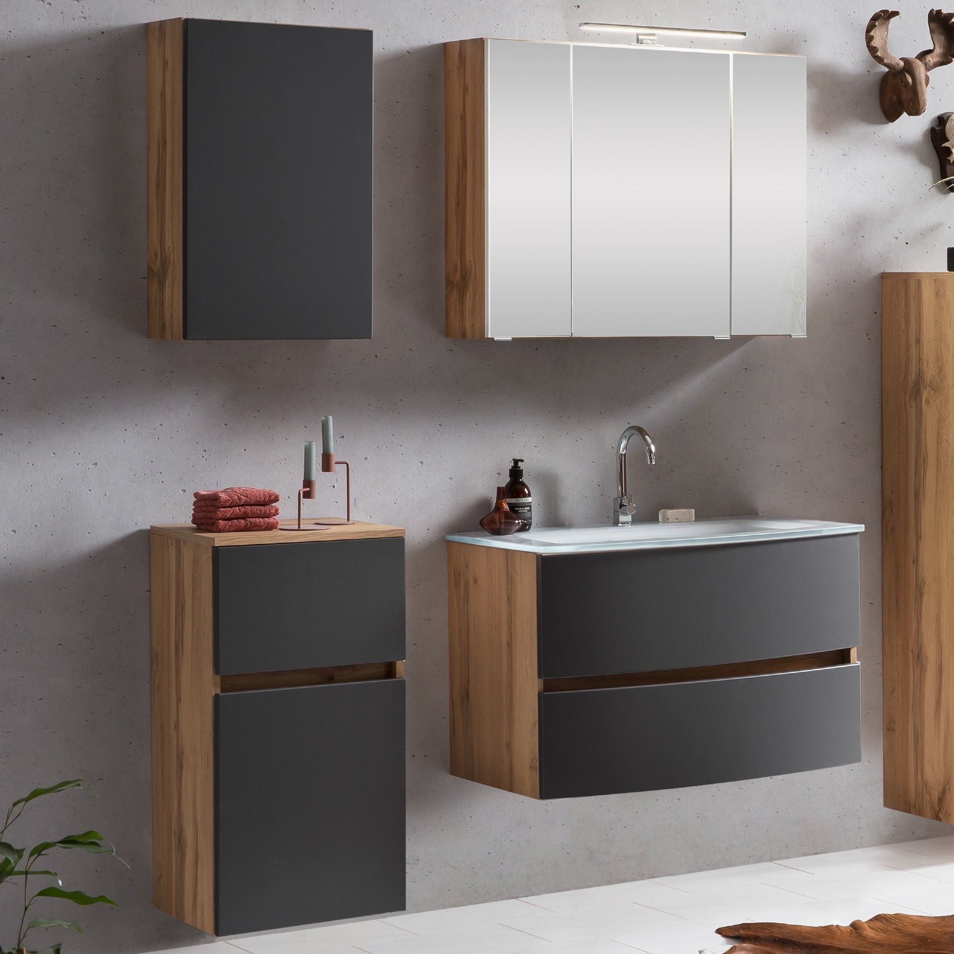 Ensemble salle de bains Kornel 7 à 4 pièces avec vasque blanche - chêne/gris mat