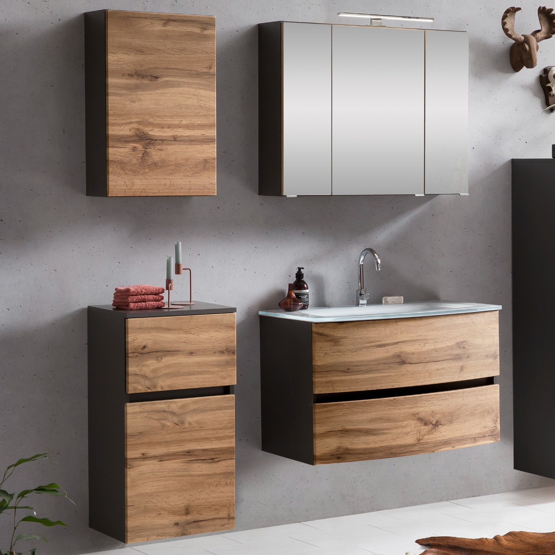 Ensemble salle de bains Kornel 7 à 4 pièces avec vasque blanche - gris graphite/chêne