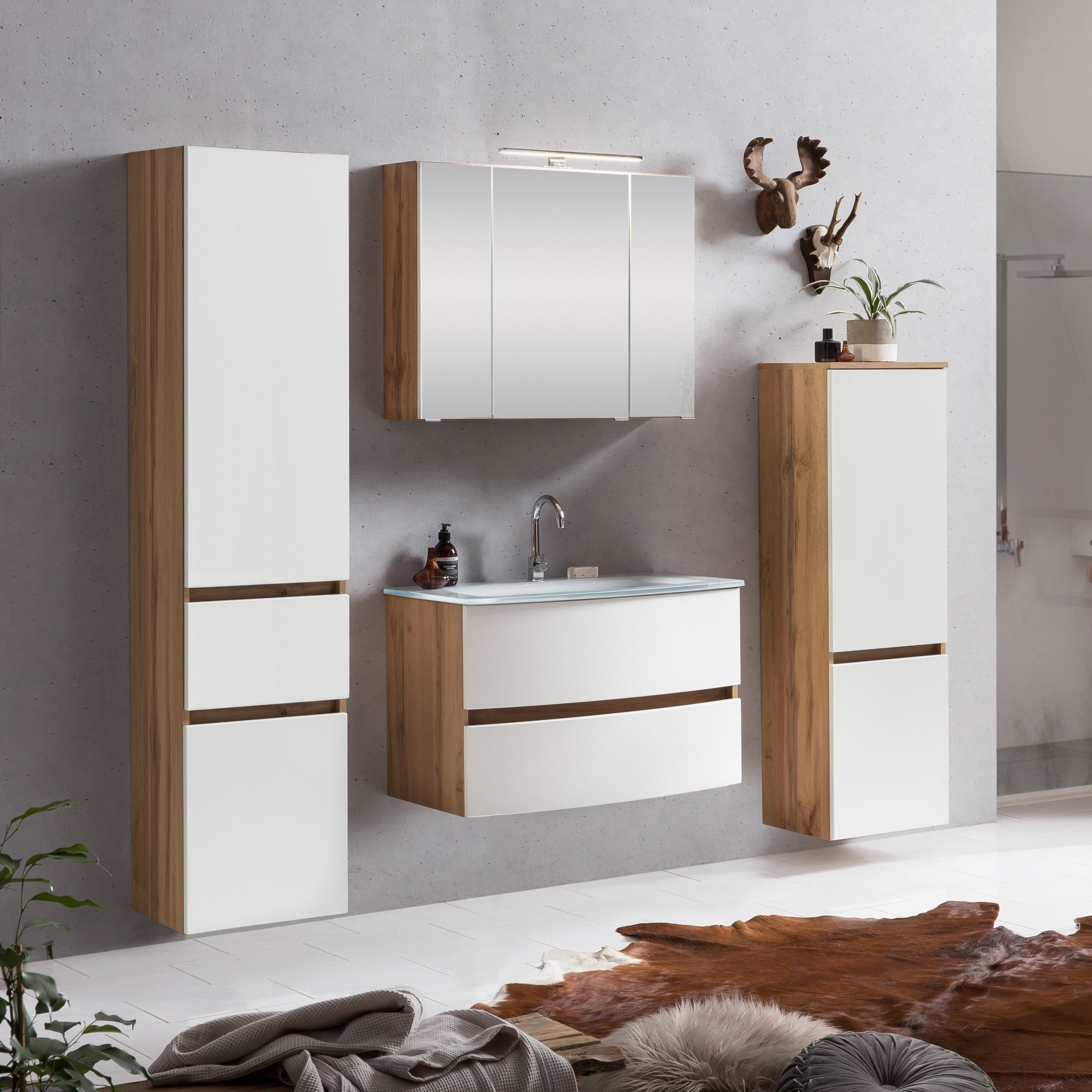 Ensemble salle de bains Kornel 9 à 4 pièces avec vasque blanche - chêne/blanc mat