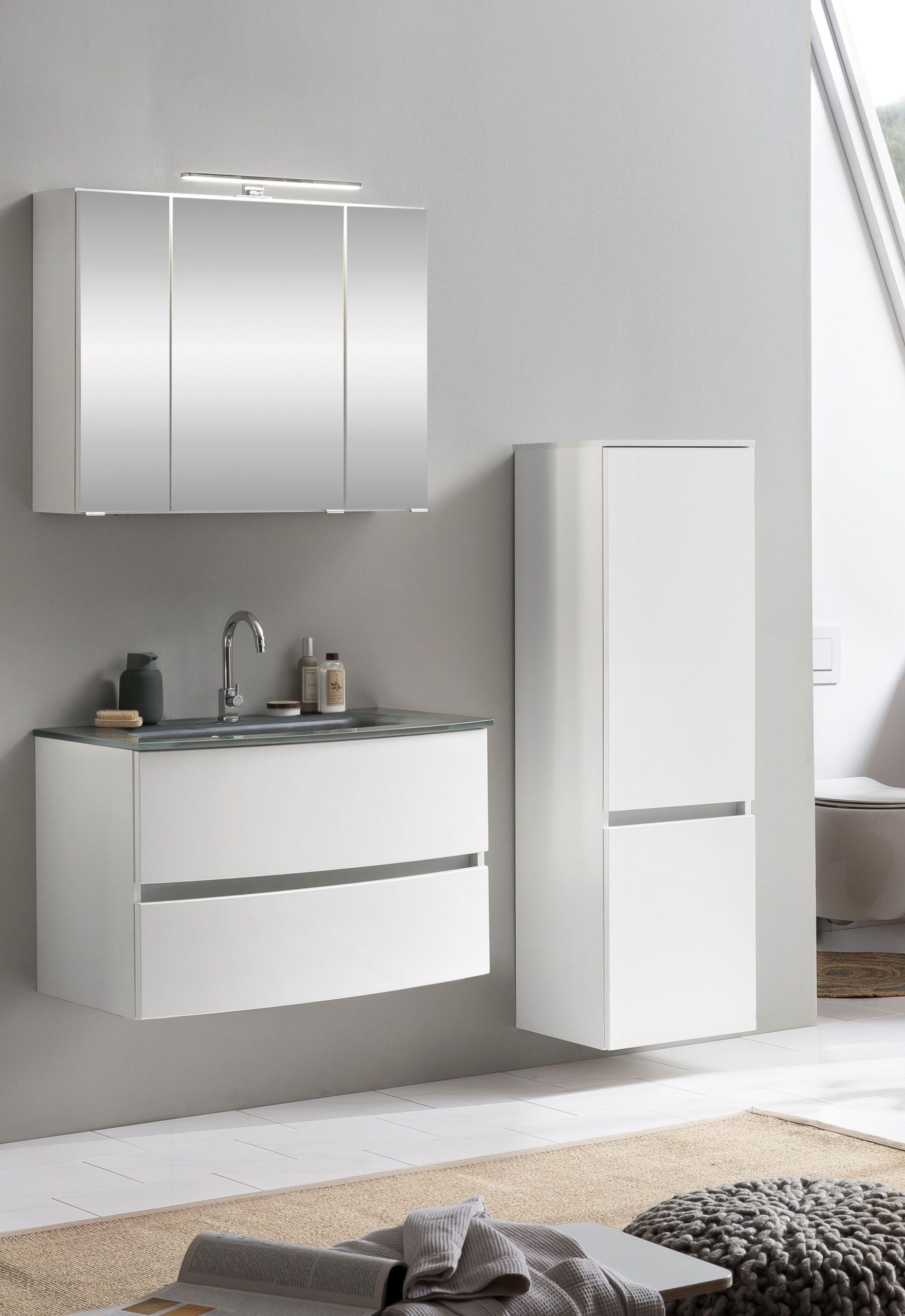 Ensemble salle de bains Kornel 4 à 3 pièces avec vasque grise - blanc