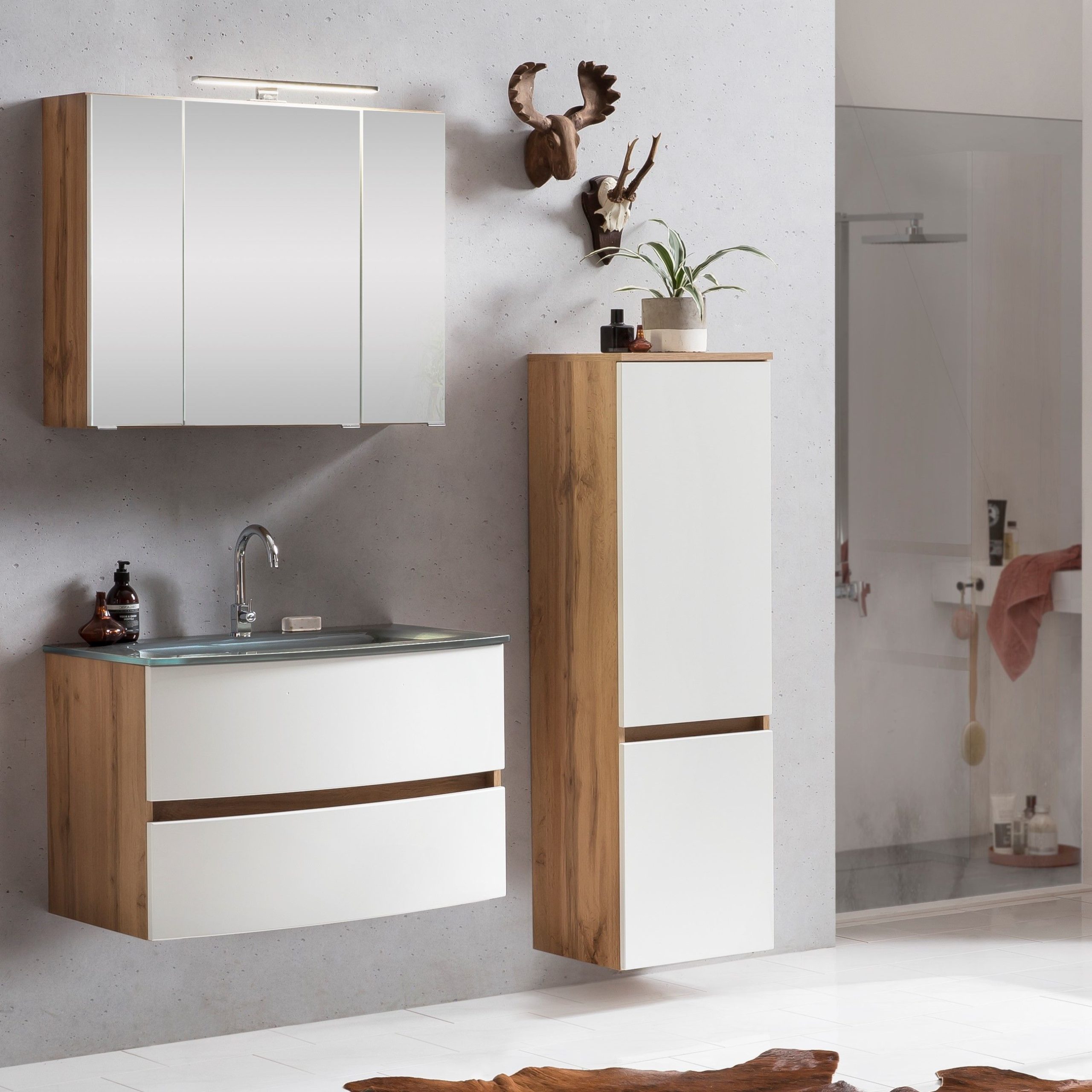 Ensemble salle de bains Kornel 4 à 3 pièces avec vasque grise - chêne/blanc mat