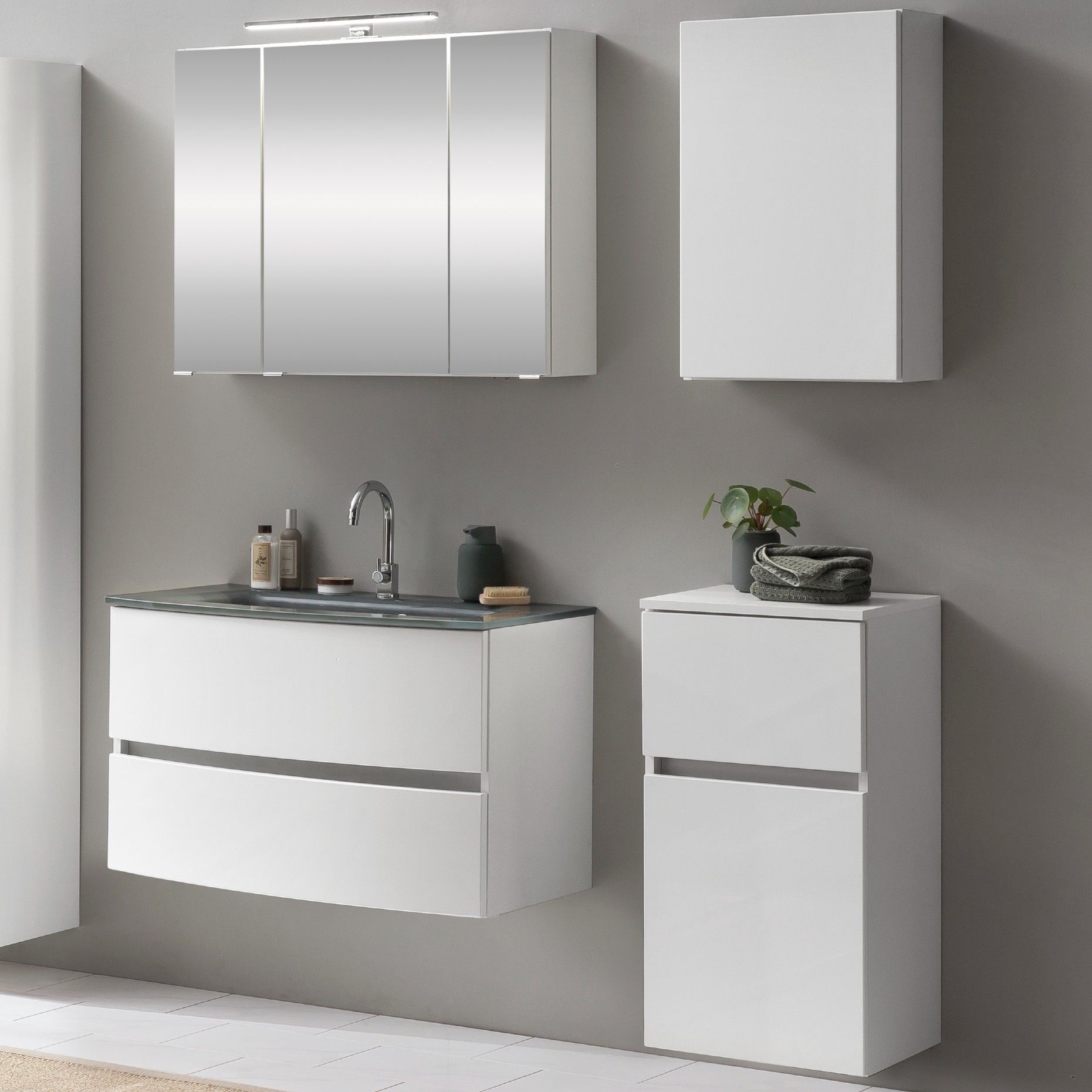 Ensemble salle de bains Kornel 8 à 4 pièces avec vasque grise - blanc