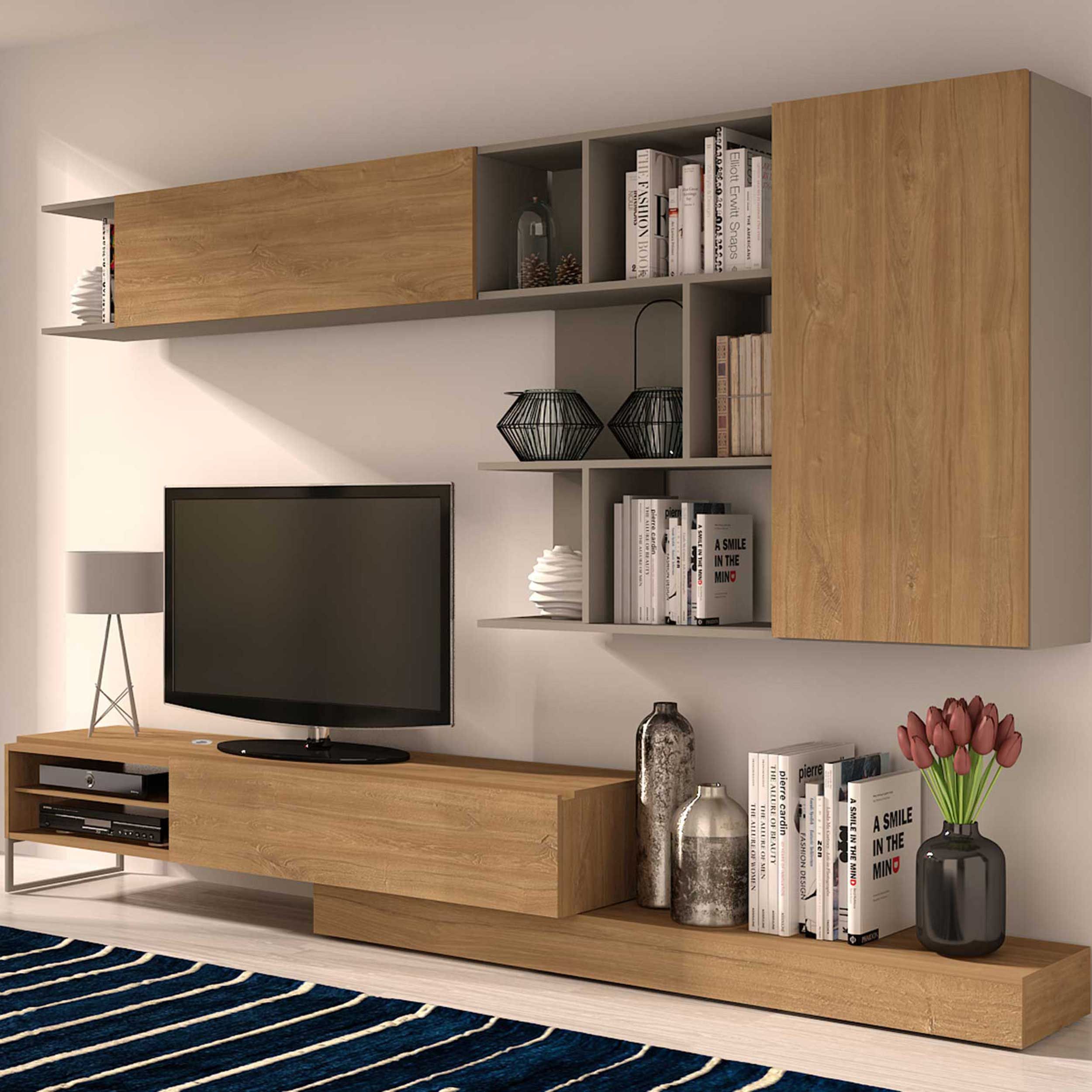 Meuble TV Pim 272cm 3 portes - gris/ décor en chêne