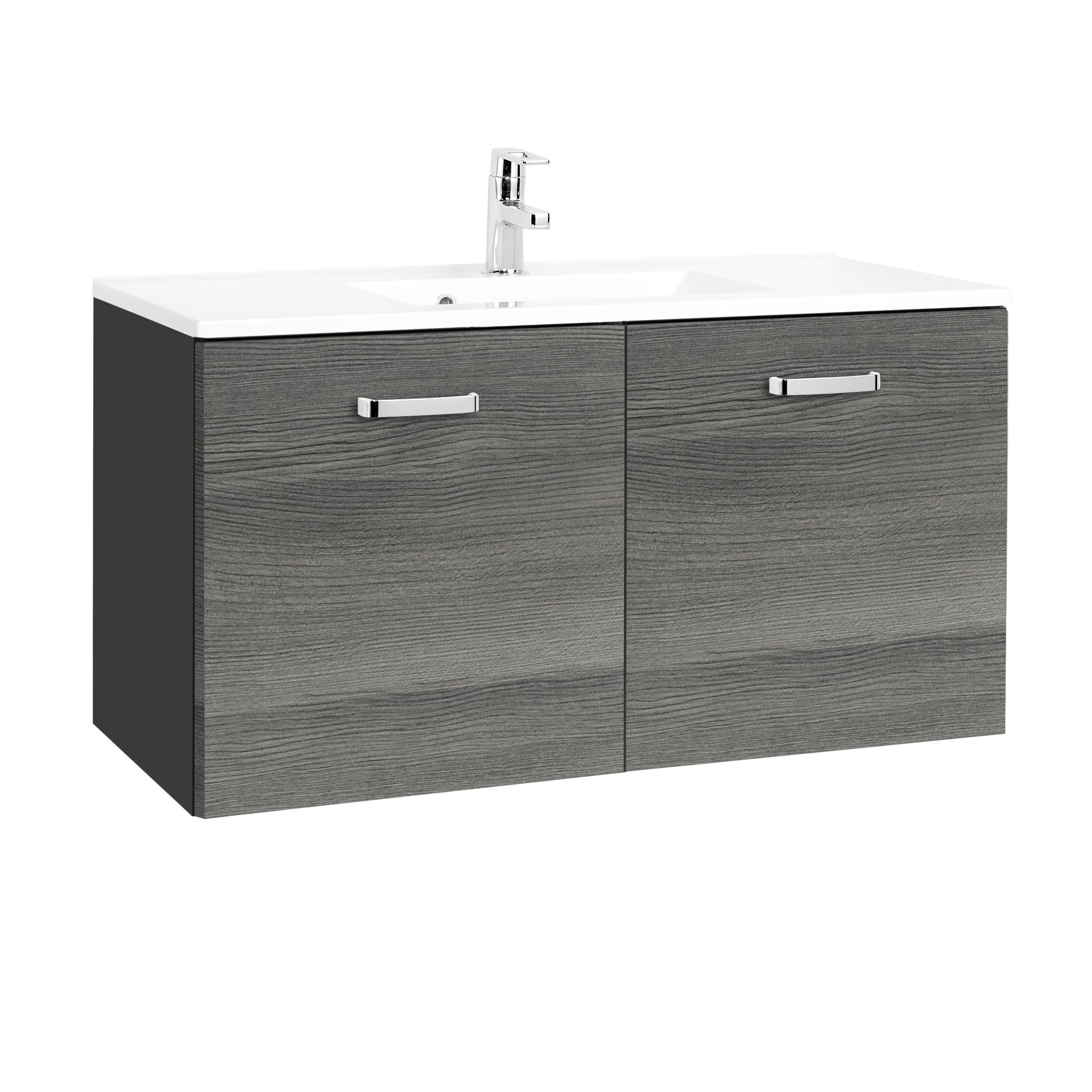 Meuble vasque Bobbi 100cm avec 2 portes et vasque céramique - graphite/chêne gris