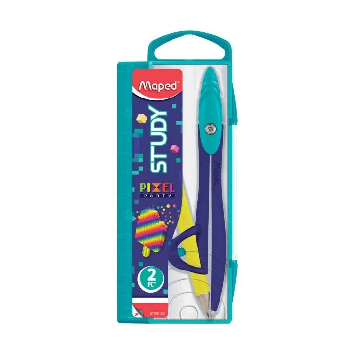 Coffret compas Study Pixel Party avec bague - Bleu/Jaune MAPED