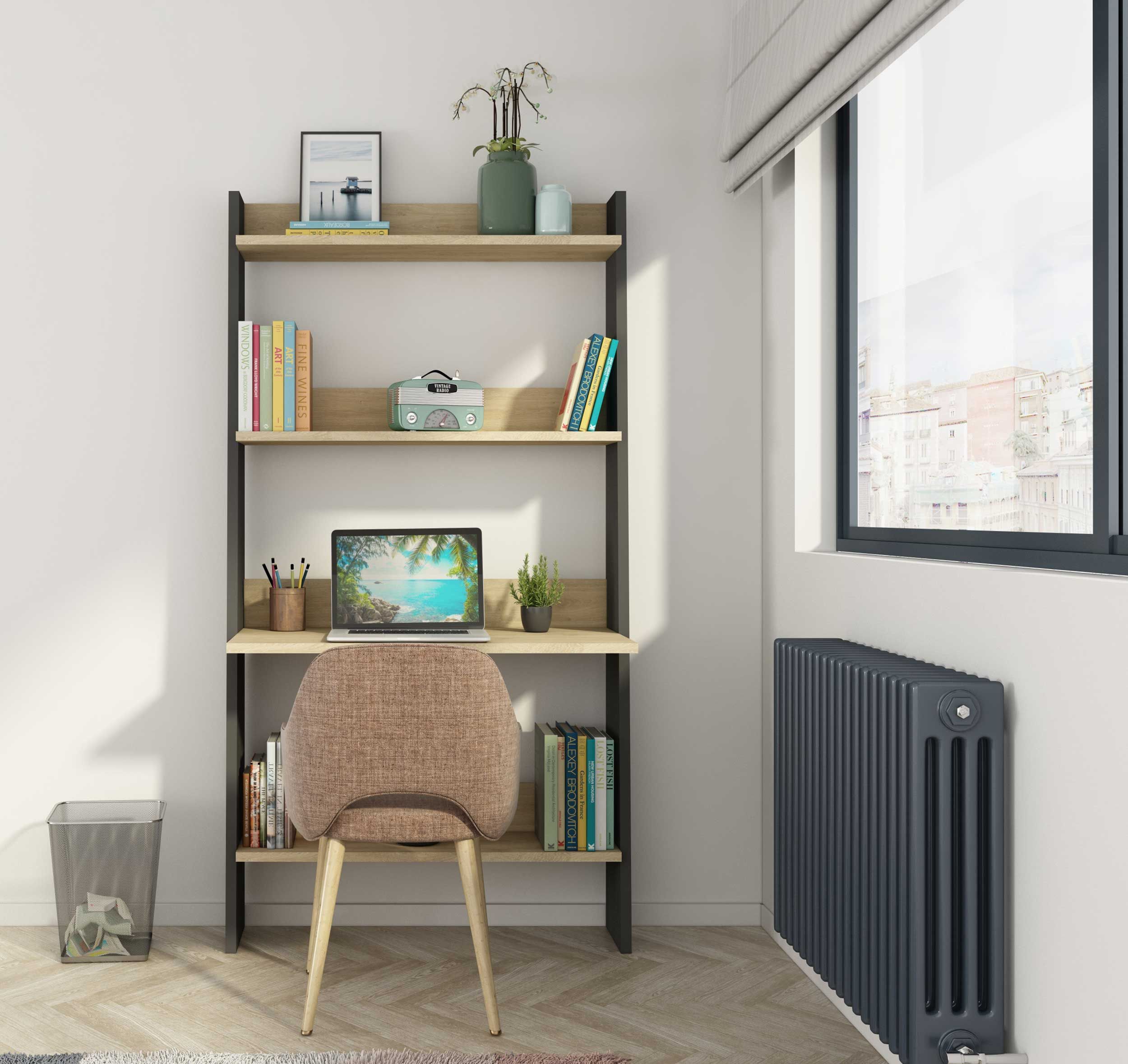 Bibliothèque Quinty avec table pour ordinateur 95cm 3 ètagères - décor en chêne/ gris