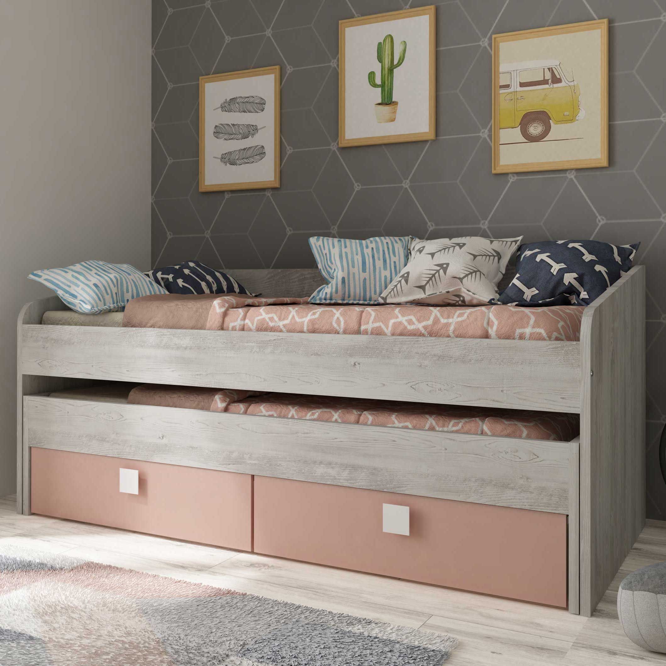 Lit Bo12 avec lit gigogne et 2 tiroirs - vieux rose