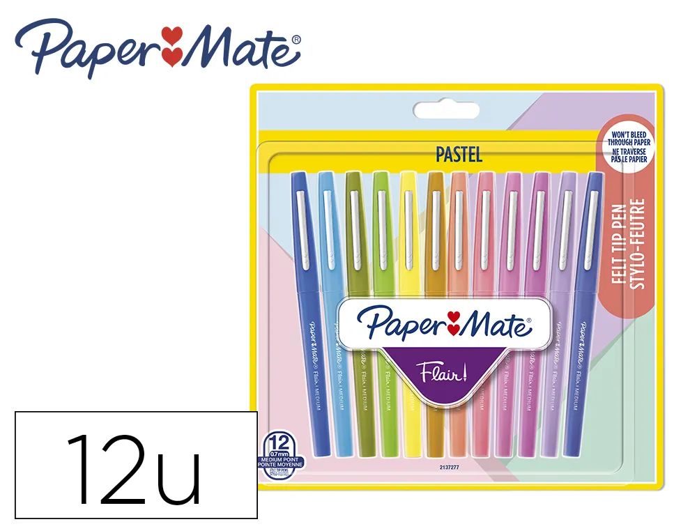 Feutre ecriture papermate flair pastel pointe nylon 0,7mm bouchon ventile clip metal blister 12 unites