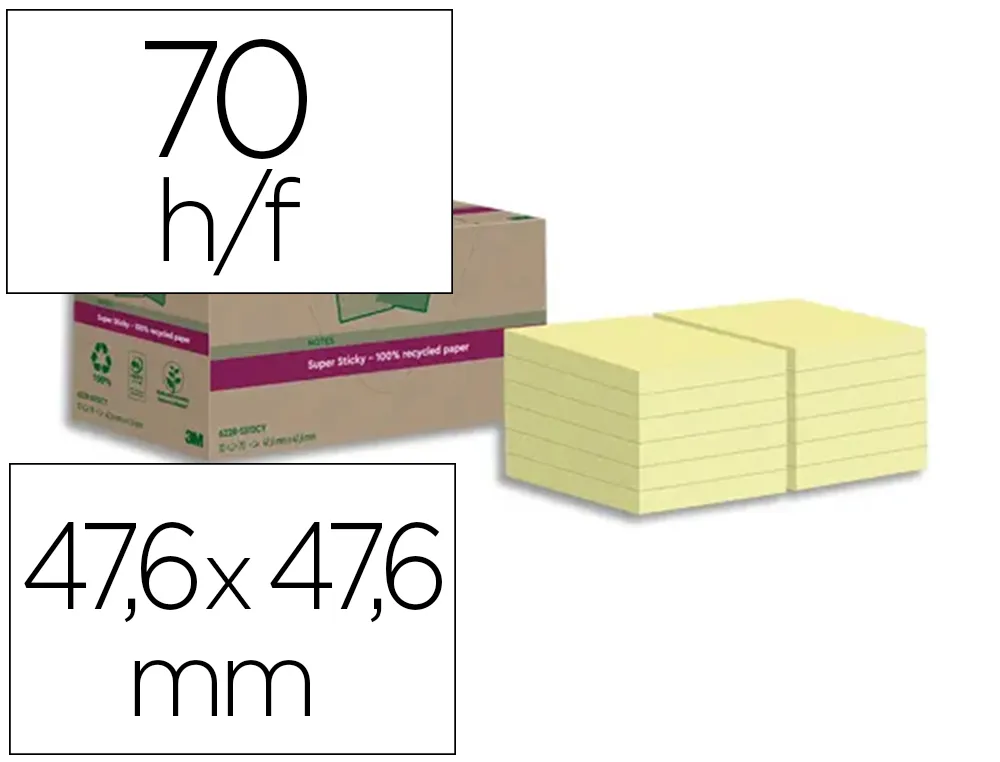 Bloc-notes post-it super sticky 100% recyclés 47,6x47,6mm 70f repositionnables coloris