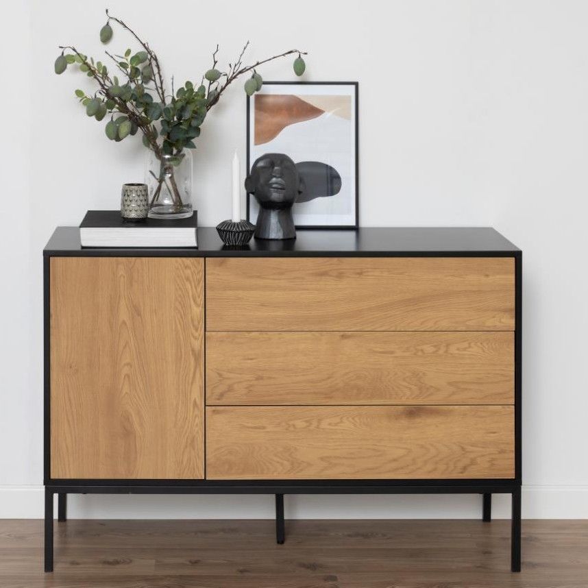 Bahut Dover 120cm 1 porte & 3 tiroirs - noir/chêne sauvage