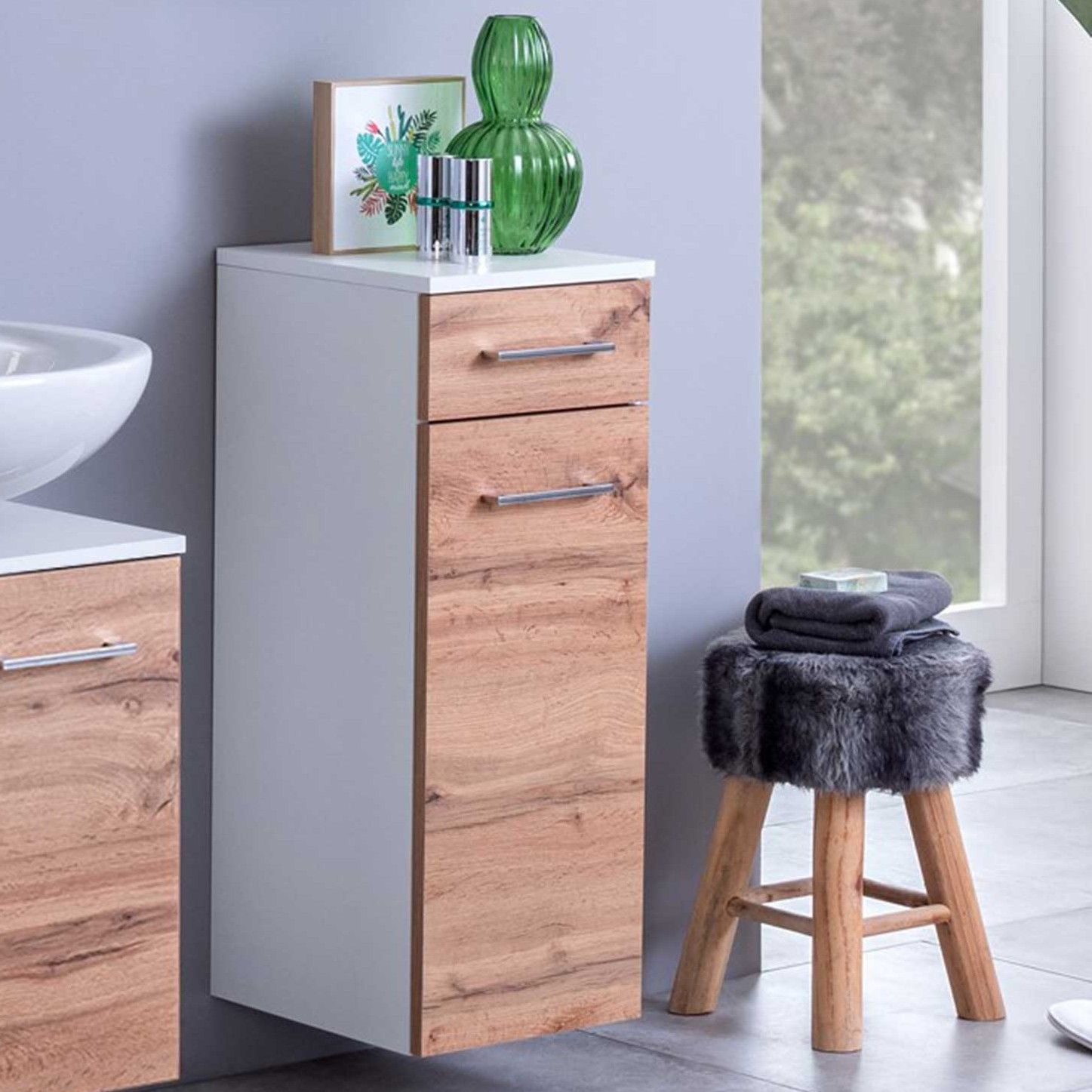 Armoire salle de bains Pares 30cm 1 porte & 1 tiroir - blanc/chêne wotan