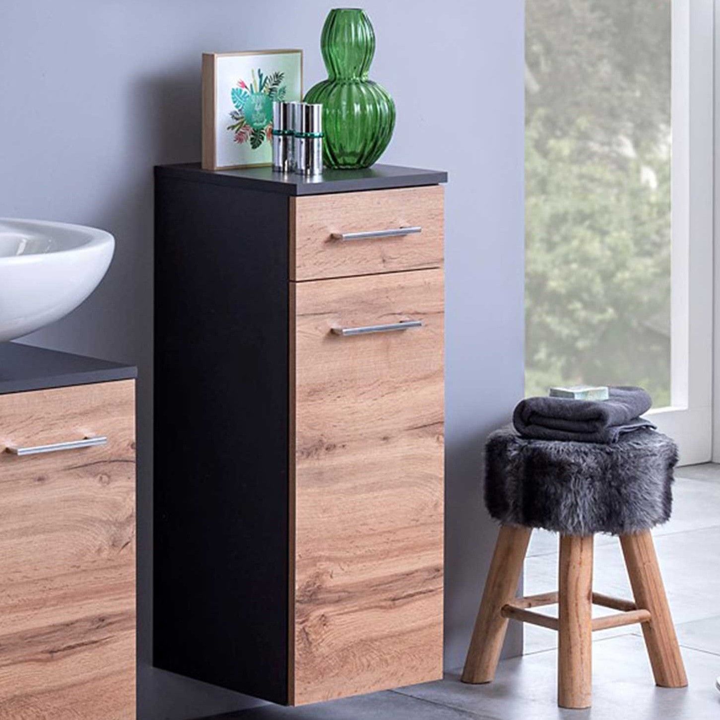 Armoire salle de bains Pares 30cm 1 porte & 1 tiroir - graphite/chêne wotan