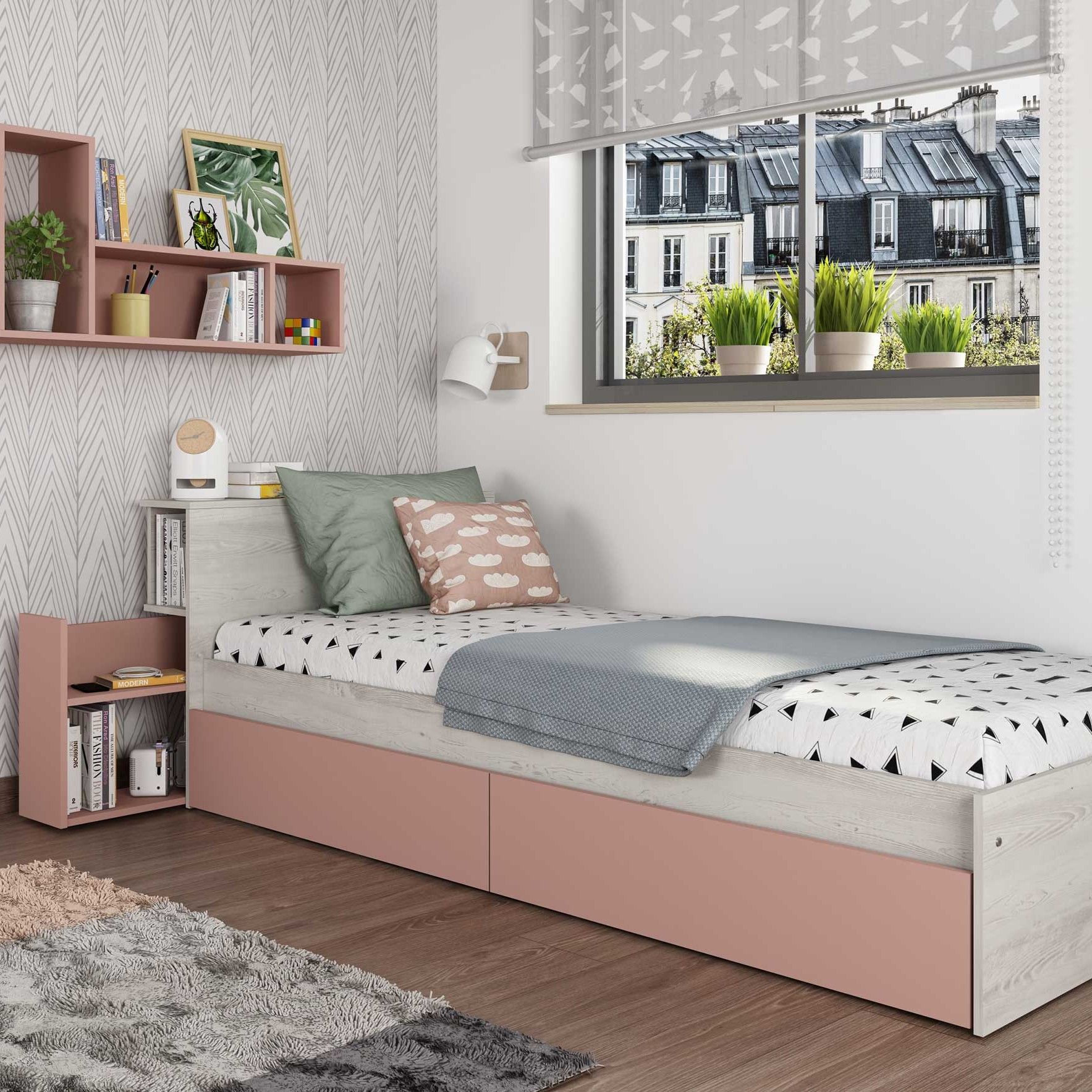 Lit simple Kazim 90x200 avec espaces de rangement - vieux rose
