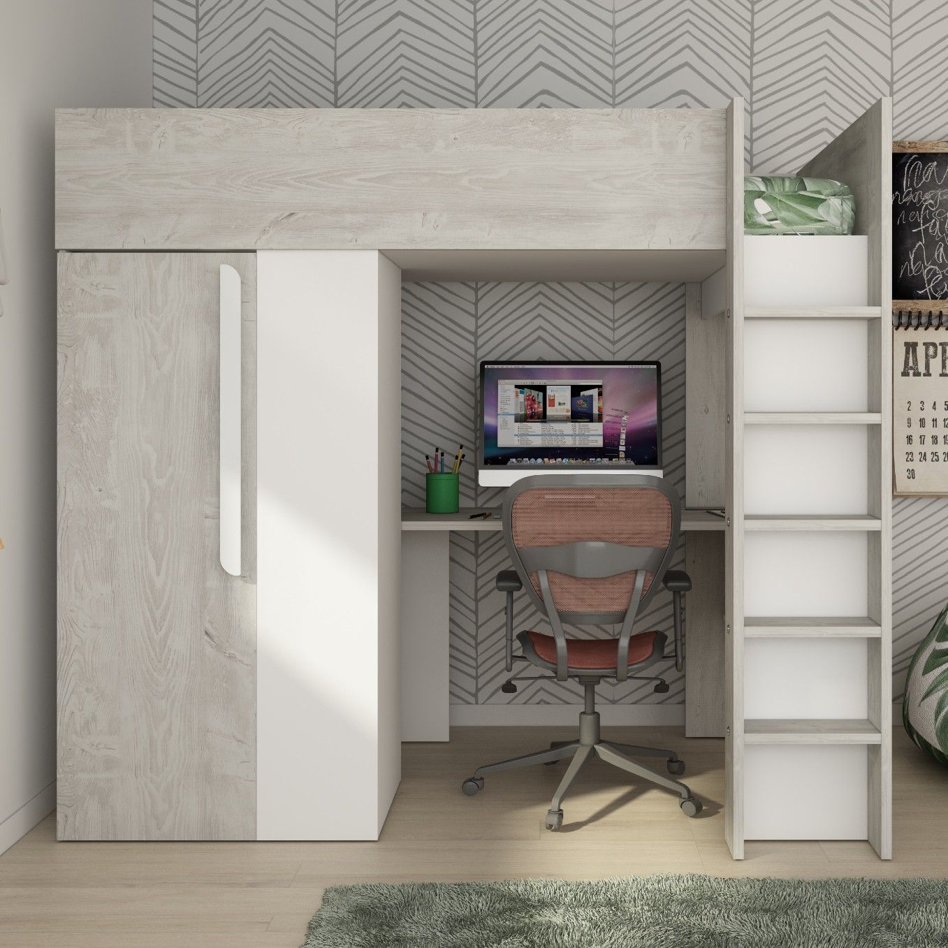 Lit mezzanine Beau 90x200 avec bureau et armoire - blanc