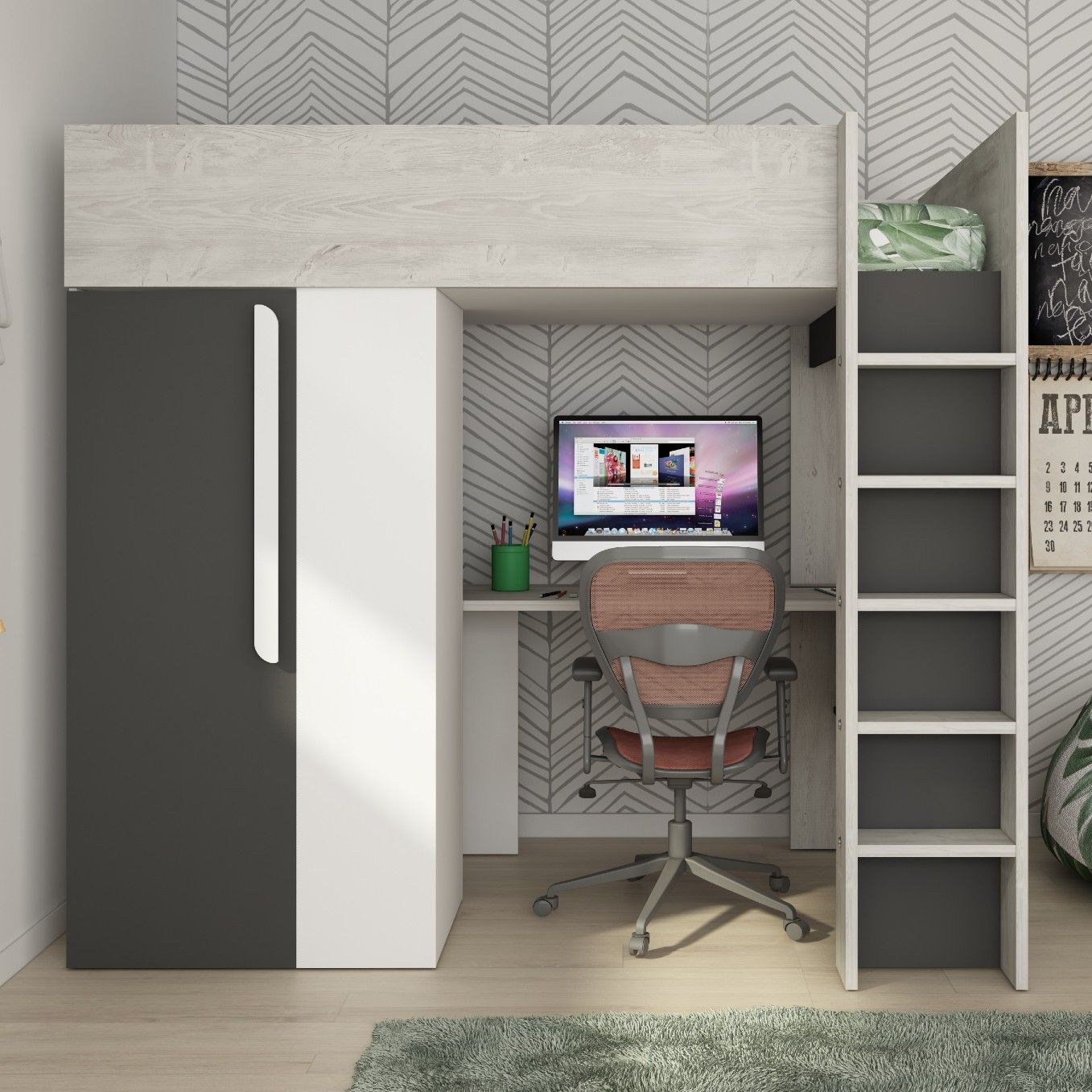 Lit combiné Beau 90x200 avec bureau et armoire - anthracite