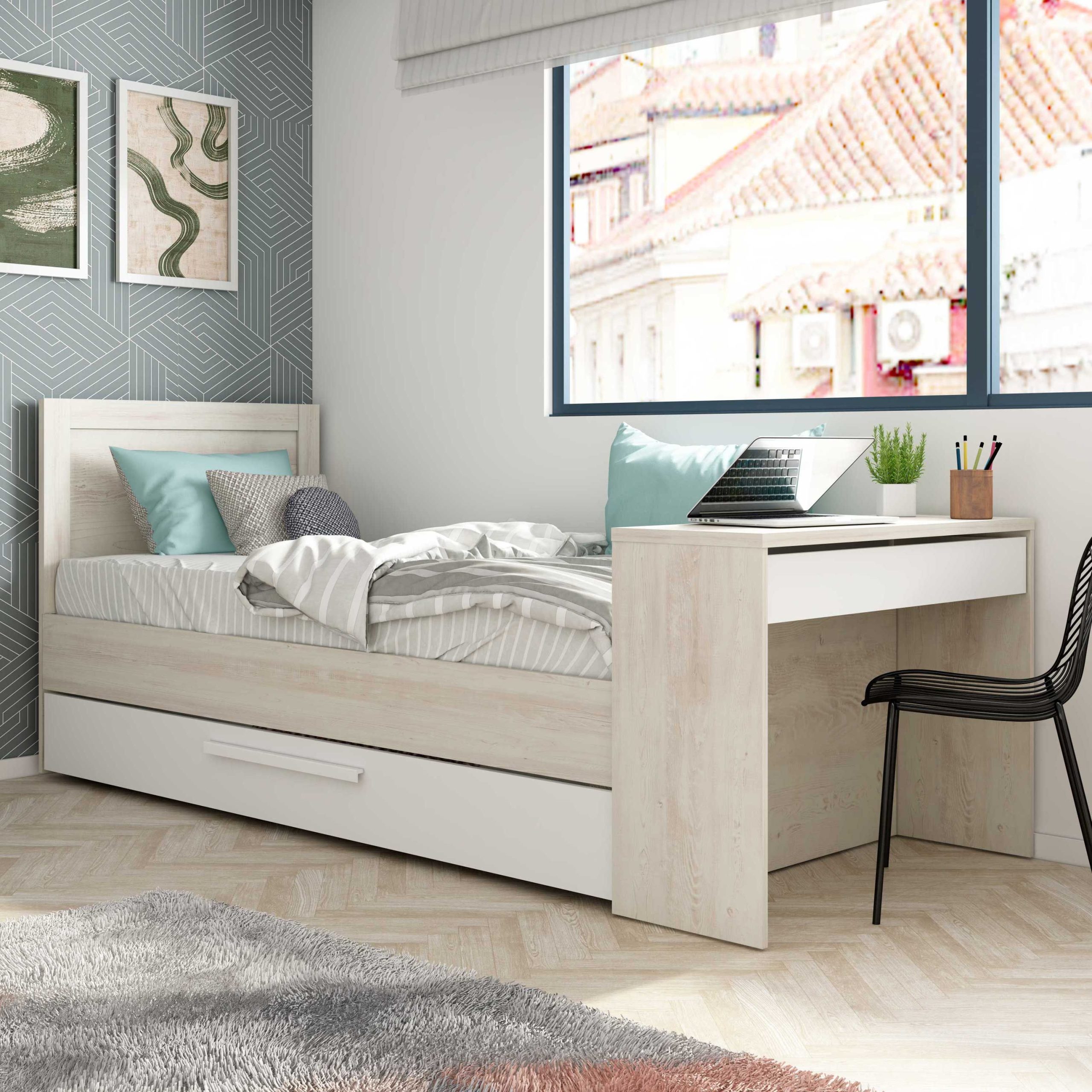 Lit Shipley 90x200 avec bureau et tiroir de lit - pin/blanc