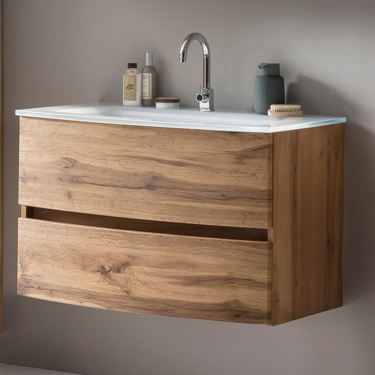 Meuble vasque Kornel 80cm avec vasque blanche - chêne