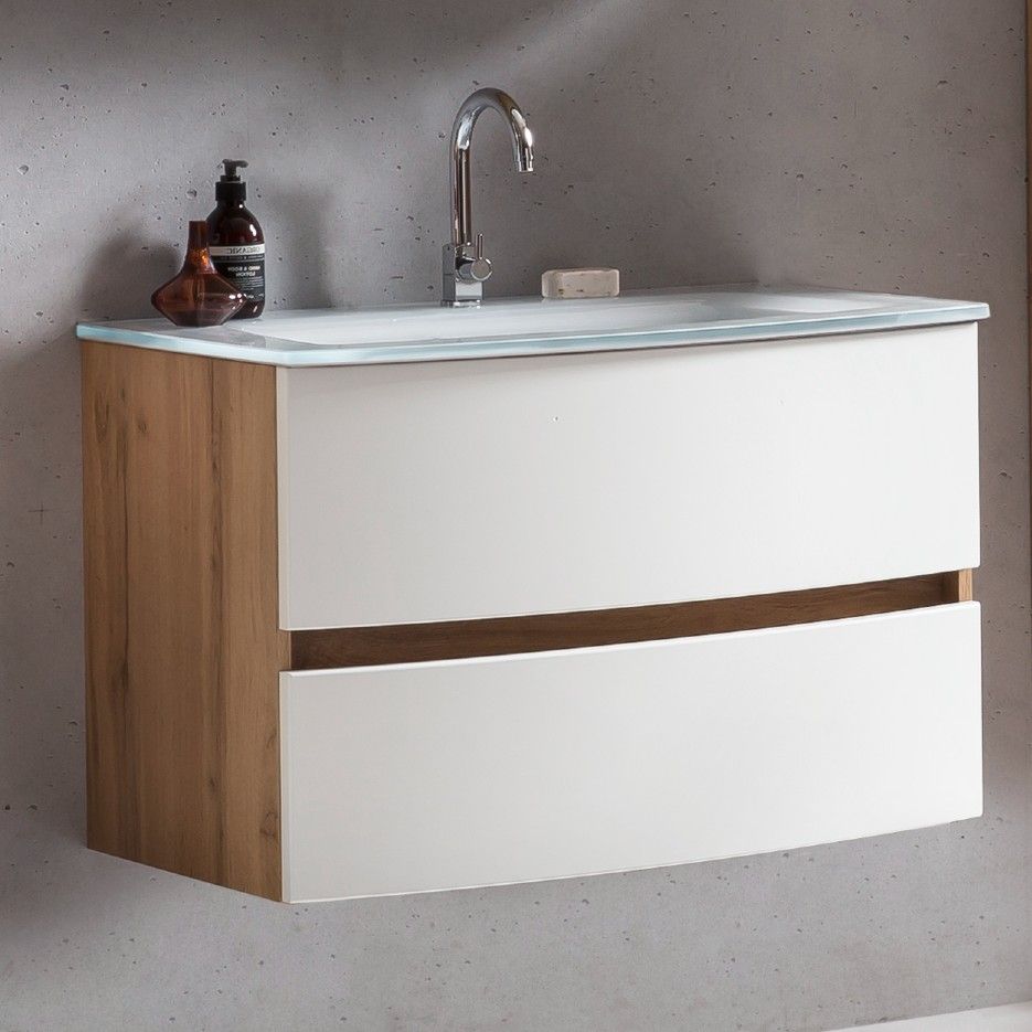 Meuble vasque Kornel 80cm avec vasque blanche - chêne/blanc mat