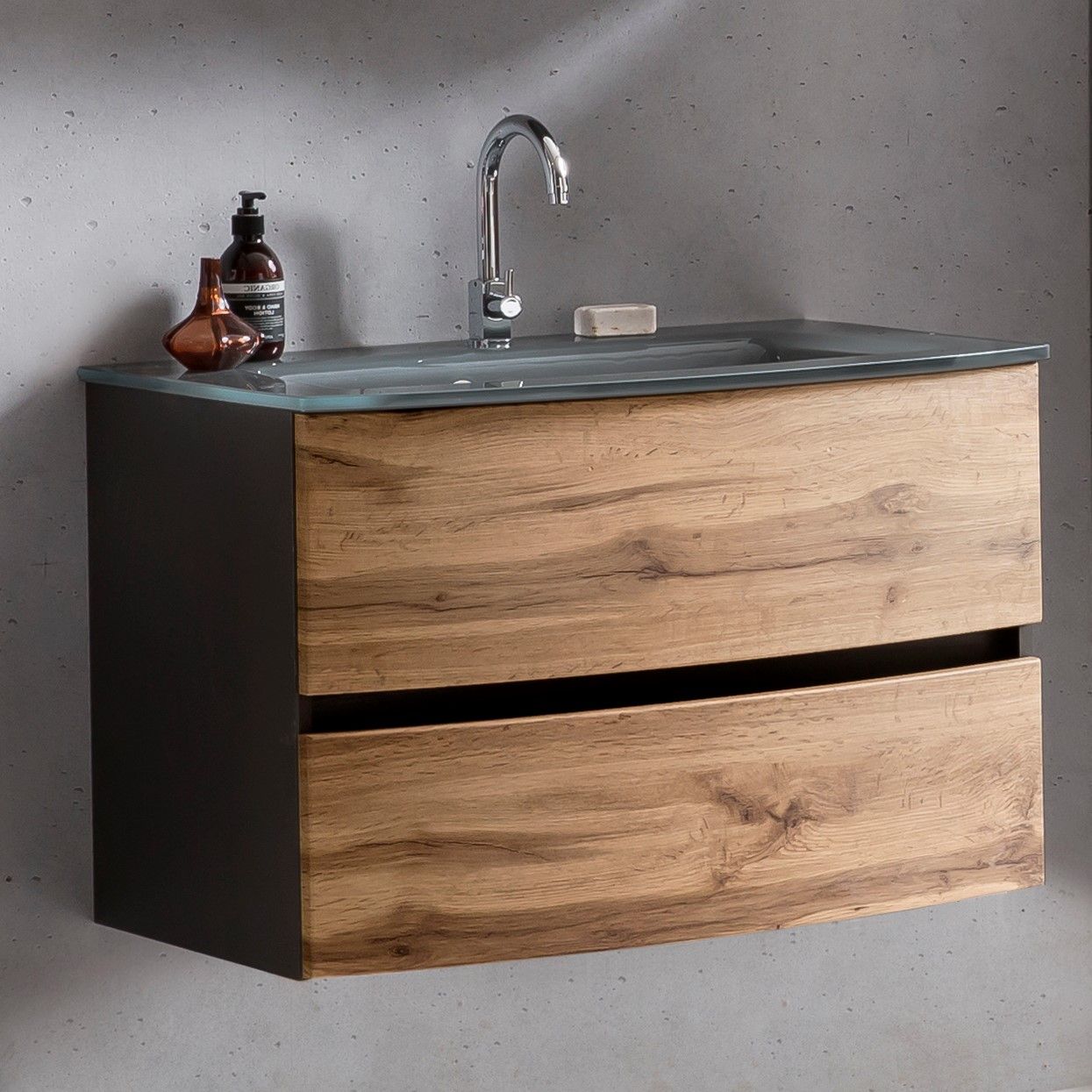 Meuble vasque Kornel 80cm avec vasque grise - gris graphite/chêne