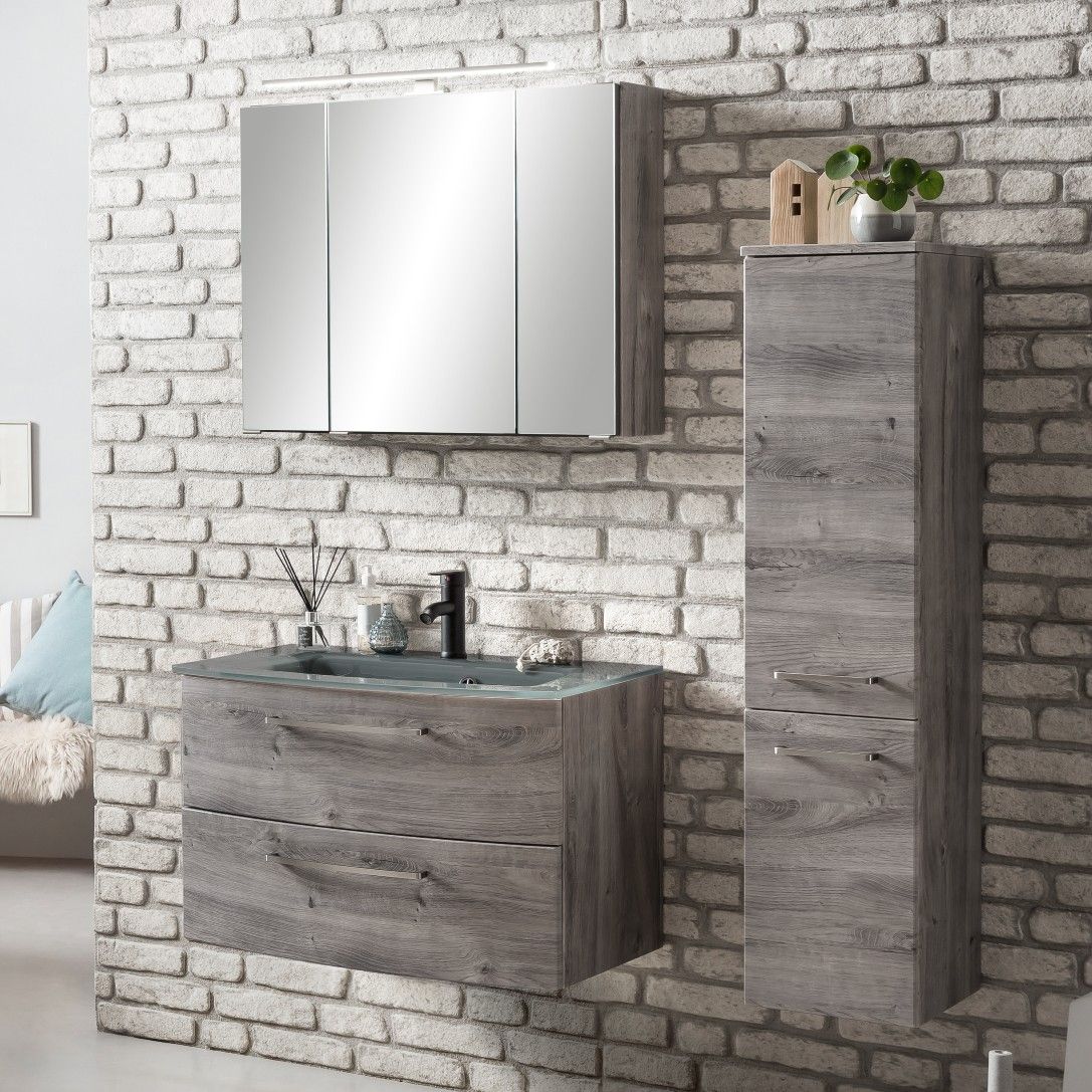 Ensemble salle de bains Stivan 3 pièces avec vasque grise - chêne gris