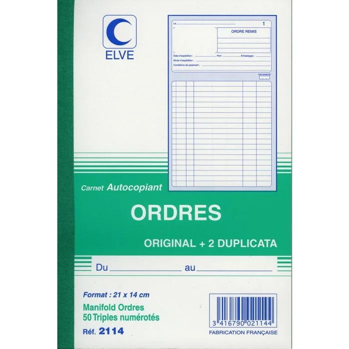 CARNET D'ORDRES 210 x 140 mm - Autocopiant Tripli (Elve)