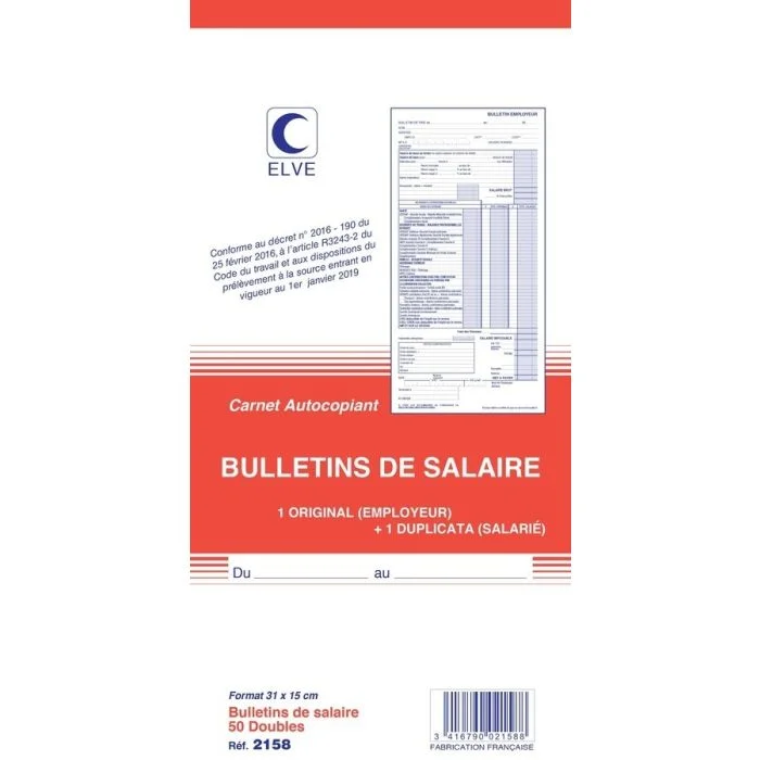 BULLETIN DE SALAIRE Carnet autocopiant Dupli - 310 x 150 mm (Elve)