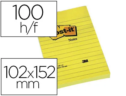Bloc-notes post-it grand format 102x152mm 100f lignées repositionnables coloris jaune