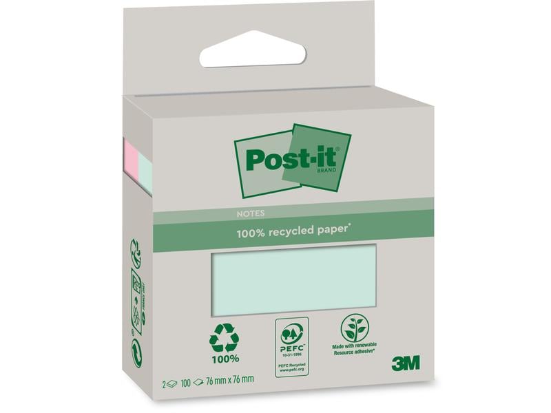 Bloc notes post it recyclé color 6820r-2lm bright 2 blocs de 100 feuilles 76x76mm, mono color