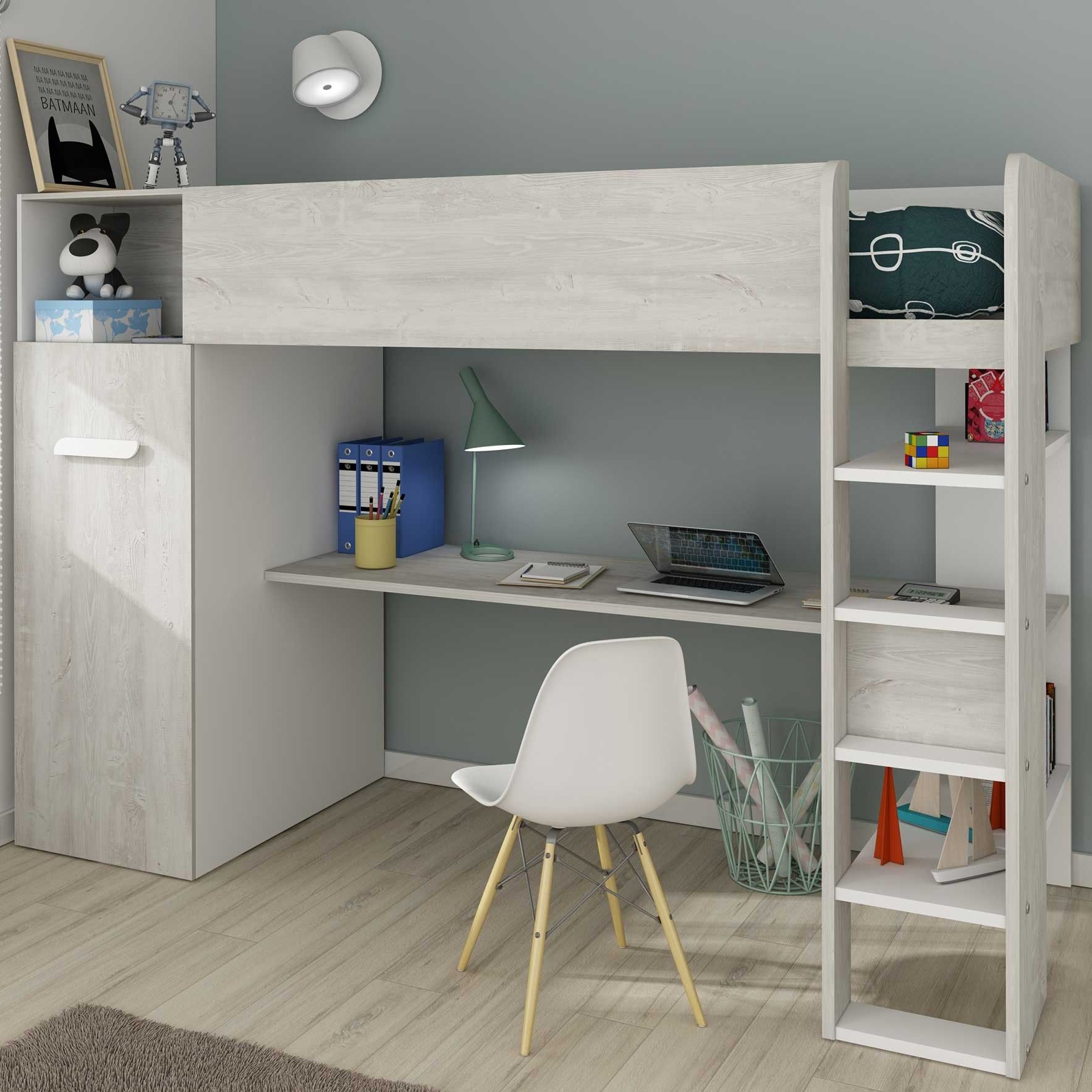 Lit mezzanine Jet avec bureau et armoire 90x200cm - blanc
