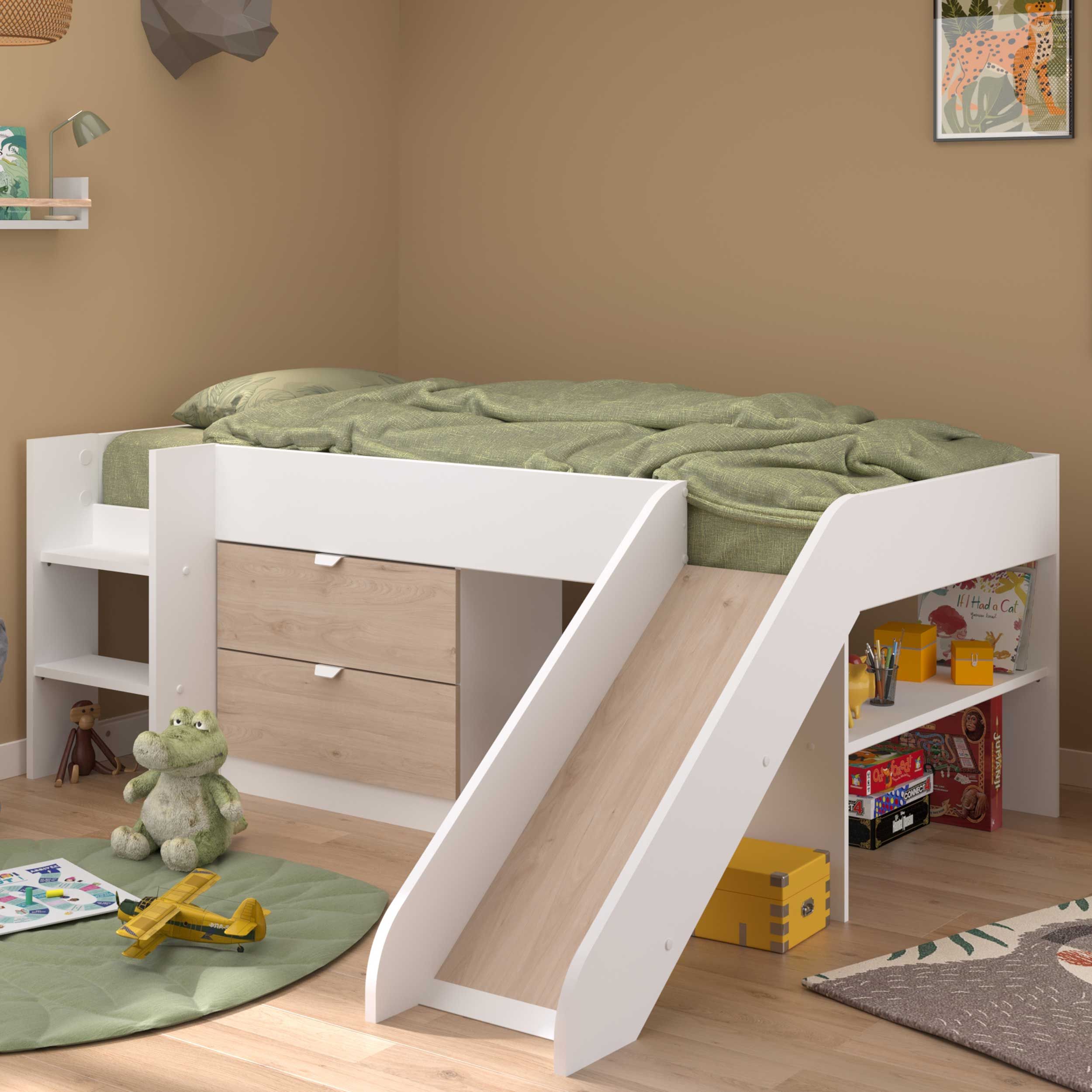 Lit toboggan Tobo 90x200 - chêne/blanc