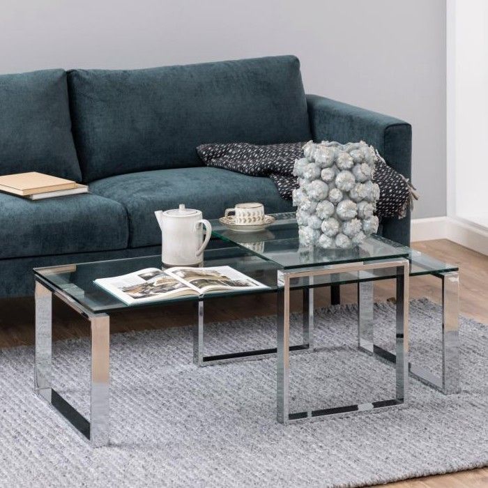 Set de 2 tables basses Nicola avec plateaux en verre - gris