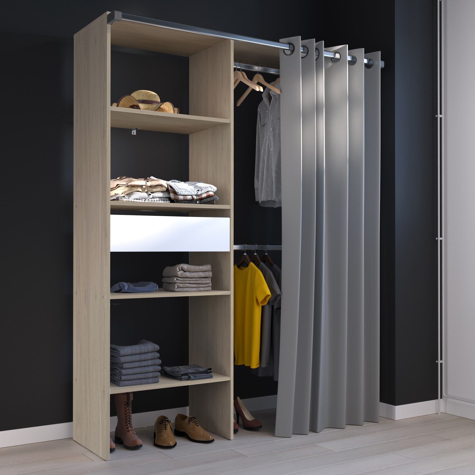 Armoire Gary avec rideau 1 tiroir - chêne/gris