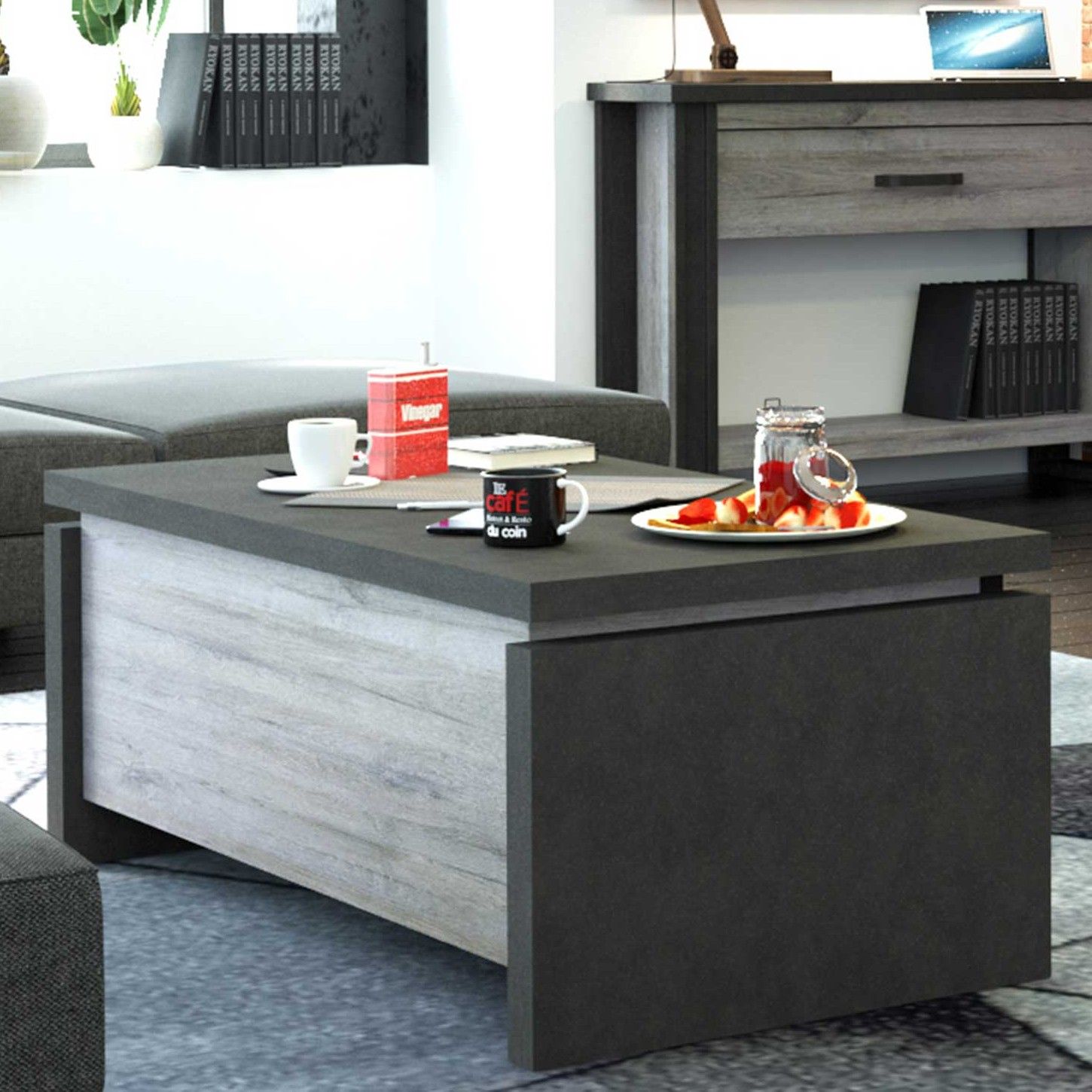 Table basse Becky 120x65 avec plateau relevable - gris