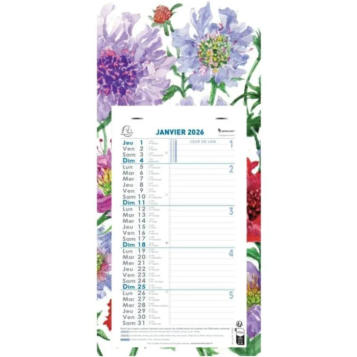 Calendrier mensuel 2026 mural - 19 x 41 cm EXACOMPTA Fleurs