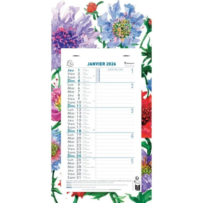 Calendrier mensuel 2026 mural - 16 x 33 cm EXACOMPTA Fleurs
