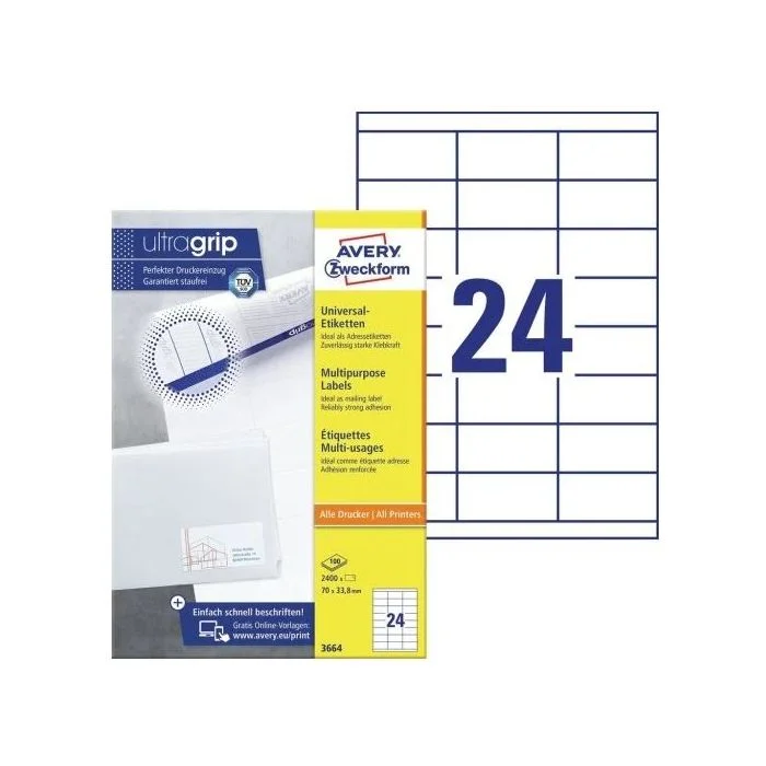 Étiquettes adhésives - 70 x 33,8 mm AVERY Ecologique Lot de 2400