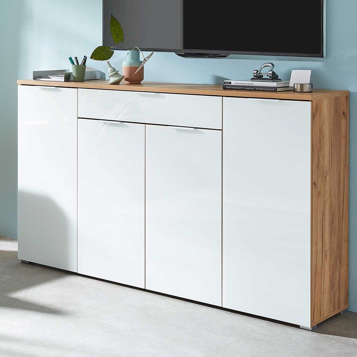 Bahut Tille 179 cm avec 4 portes & 1 tiroir - blanc/chêne