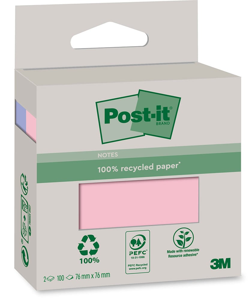 Bloc notes post it recyclé color 6820r-2pb pastel 2 blocs de 100 feuilles 76x76mm, mono color