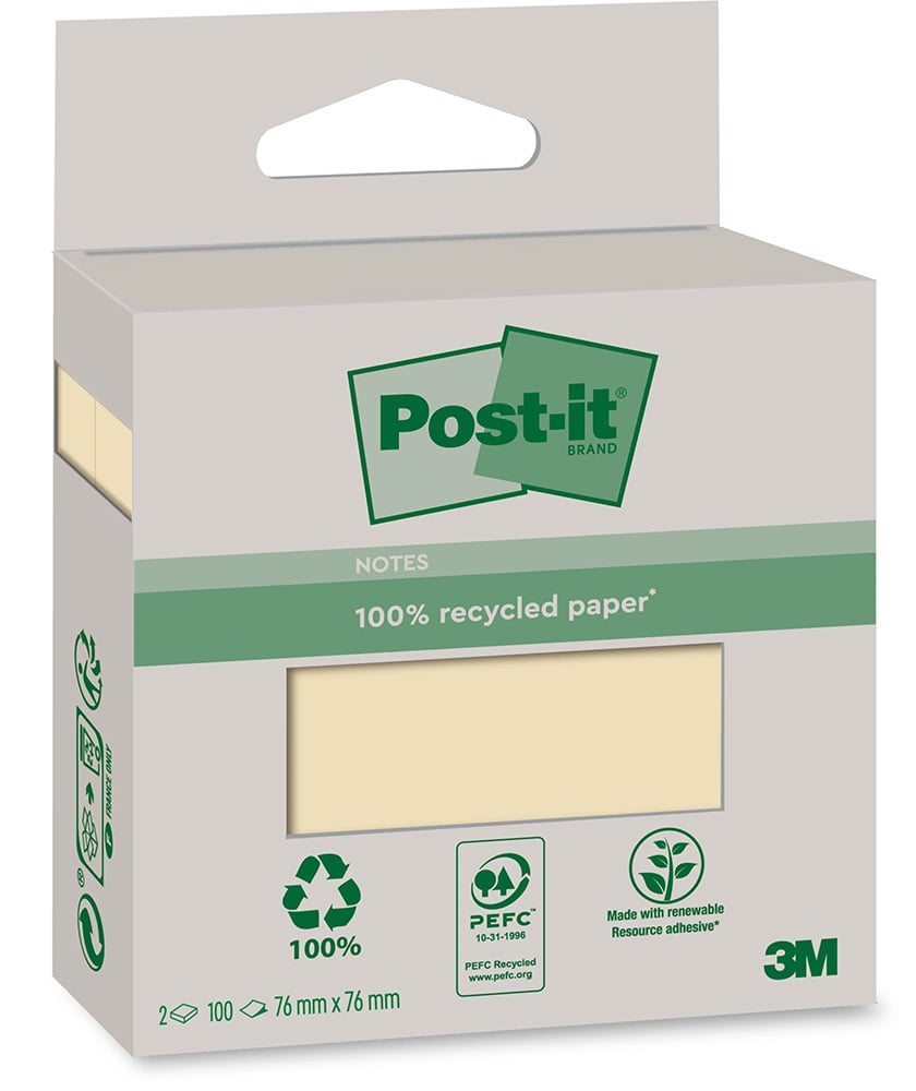Bloc notes post it recyclé canary jaune 6820r-2y 2 blocs de 100 feuilles 76x76mm mono color
