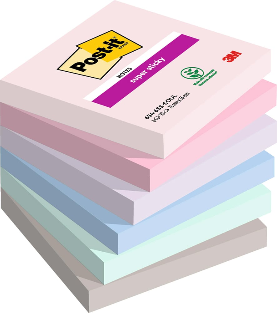 Bloc notes post it super sticky collection soulful 76 x 76mm, 6 blocs 90 feuilles