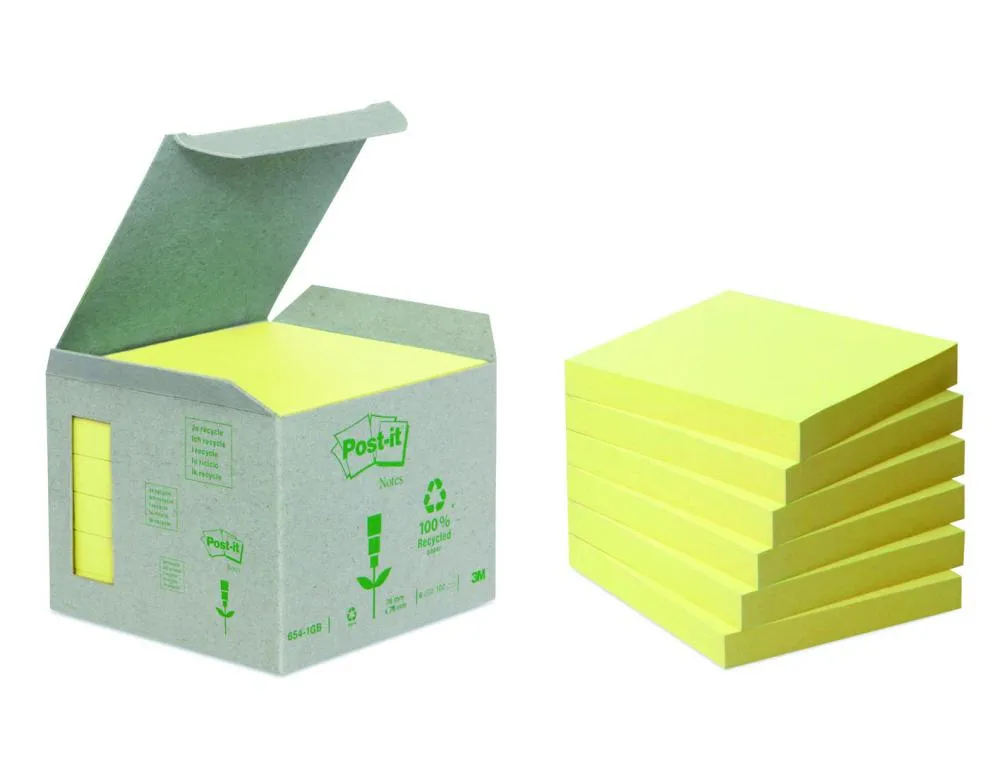 Bloc-notes post-it papier recyclé 76x76mm 100f/bloc repositionables coloris jaune tour 6 blocs
