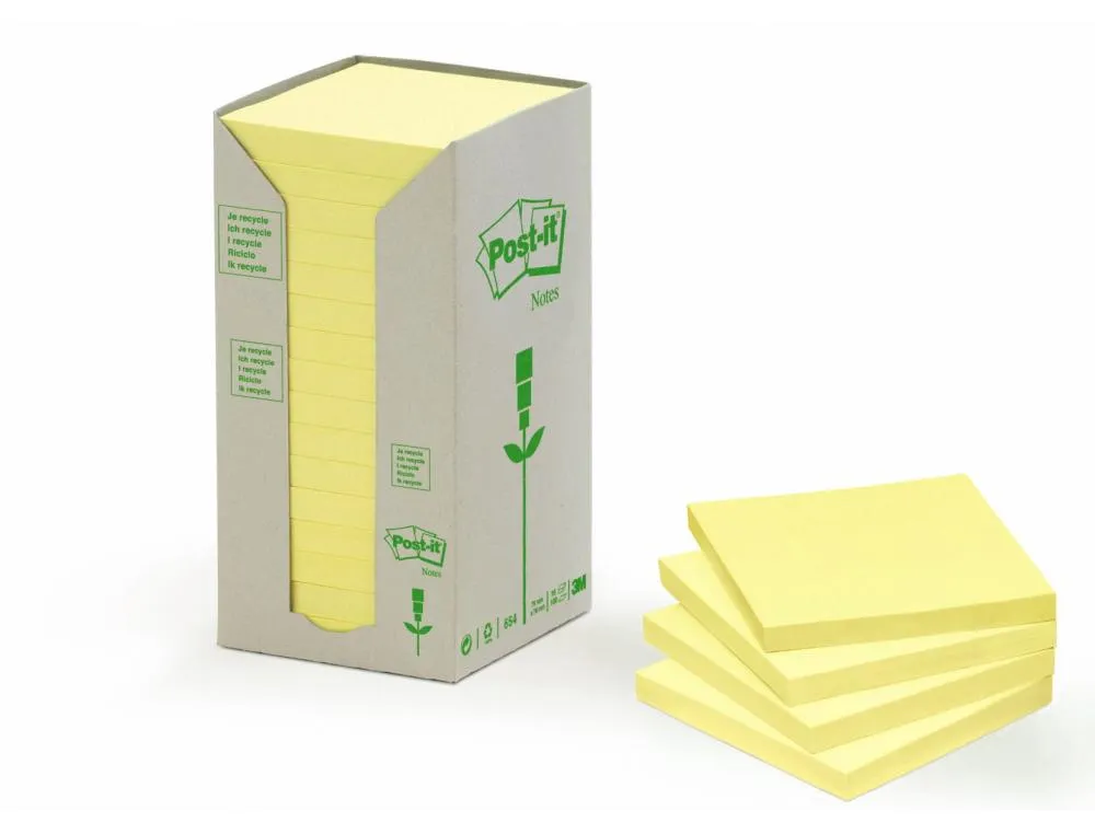 Bloc-notes post-it papier recyclé 76x76mm 100f/bloc repositionnables coloris jaune tour 16 blocs